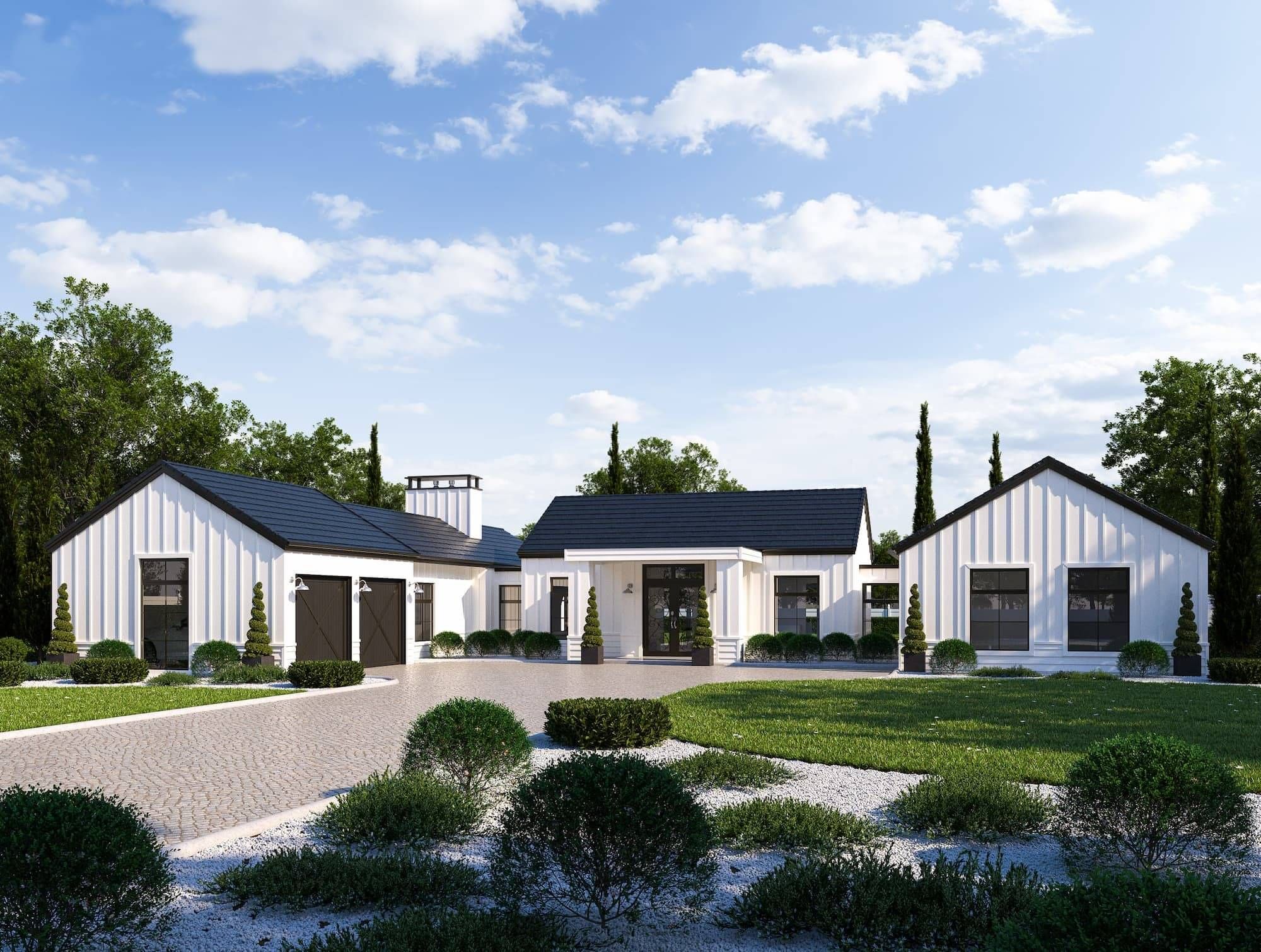 modern white house plan exterior