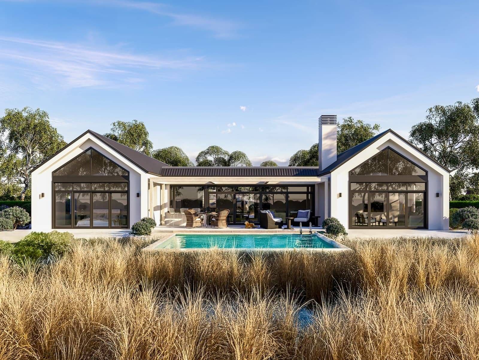 wide angle of modern white house plan with pool