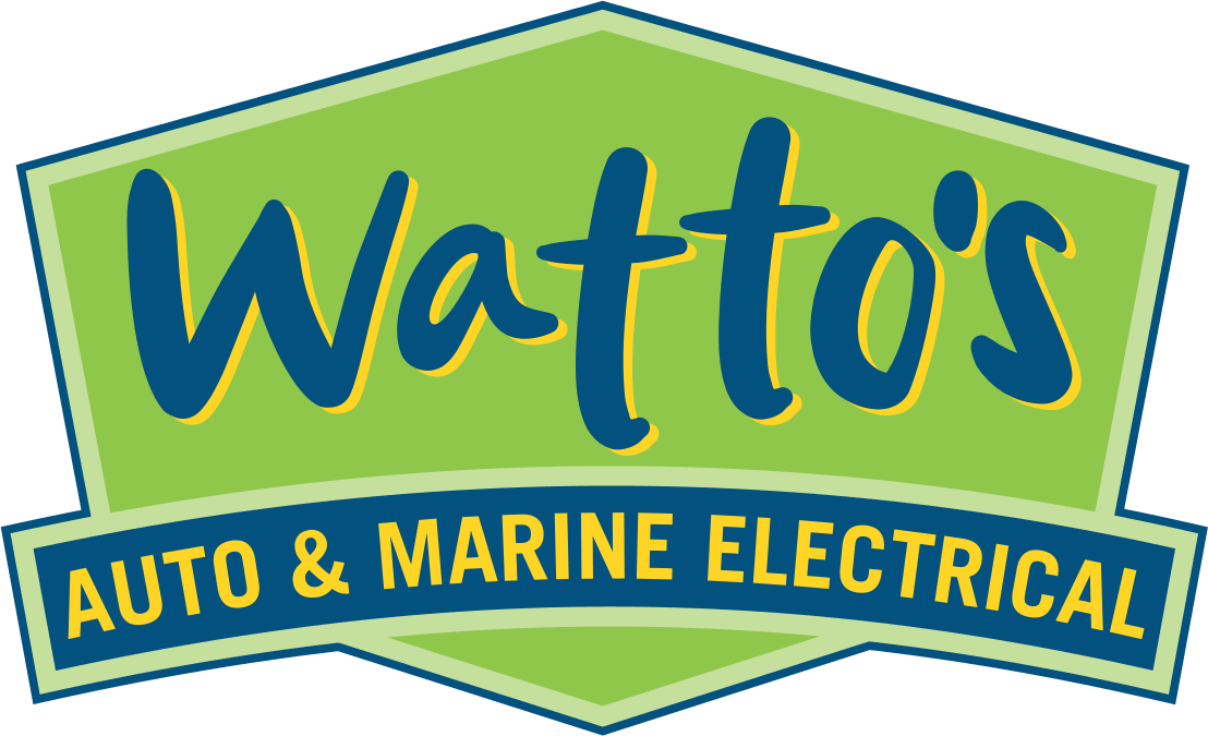 Watto's Auto & Marine Electrical Logo Text in a Lime Green Hexagon