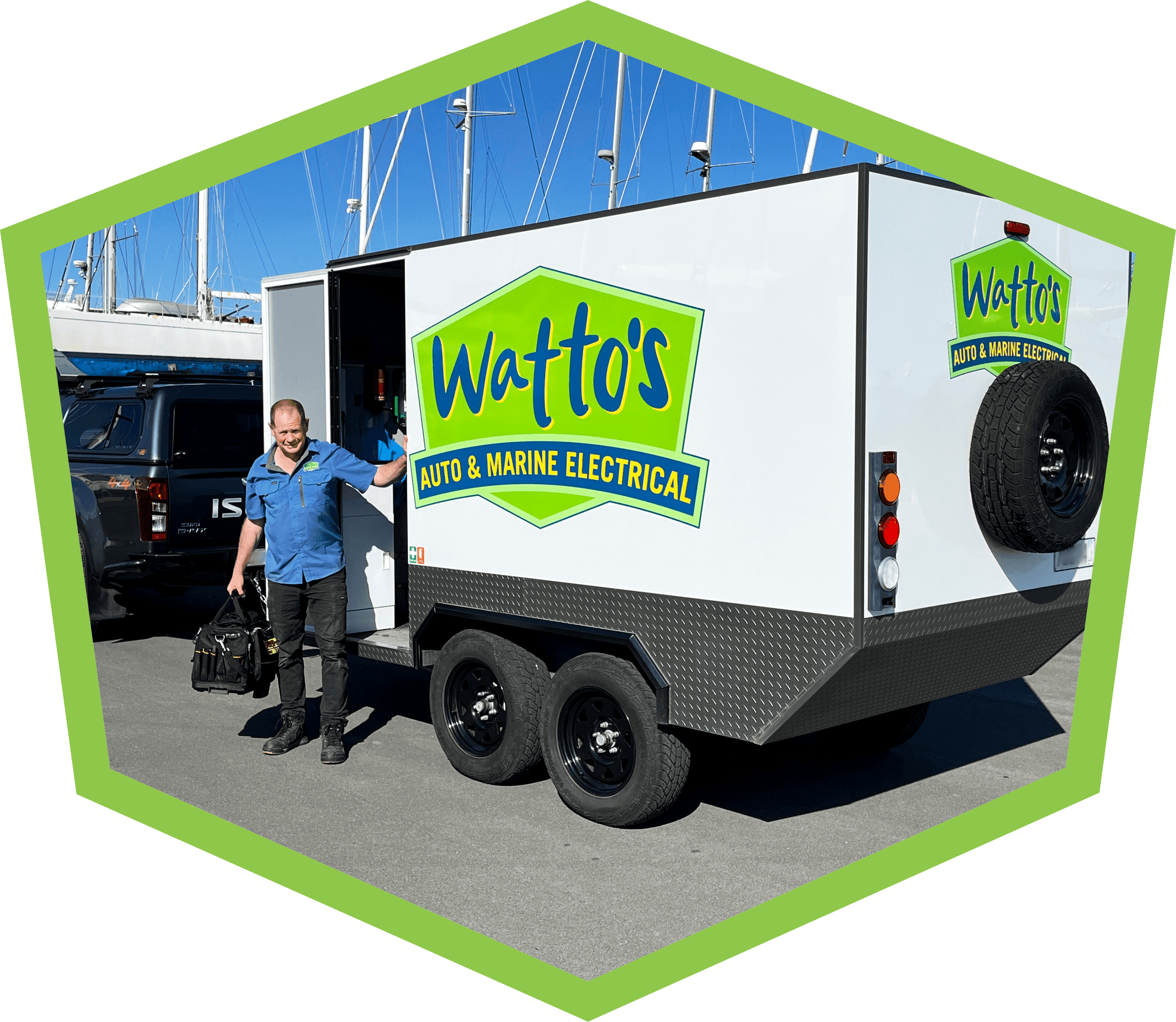 Paul (Watto) standing in the doorway of his mobile trailer