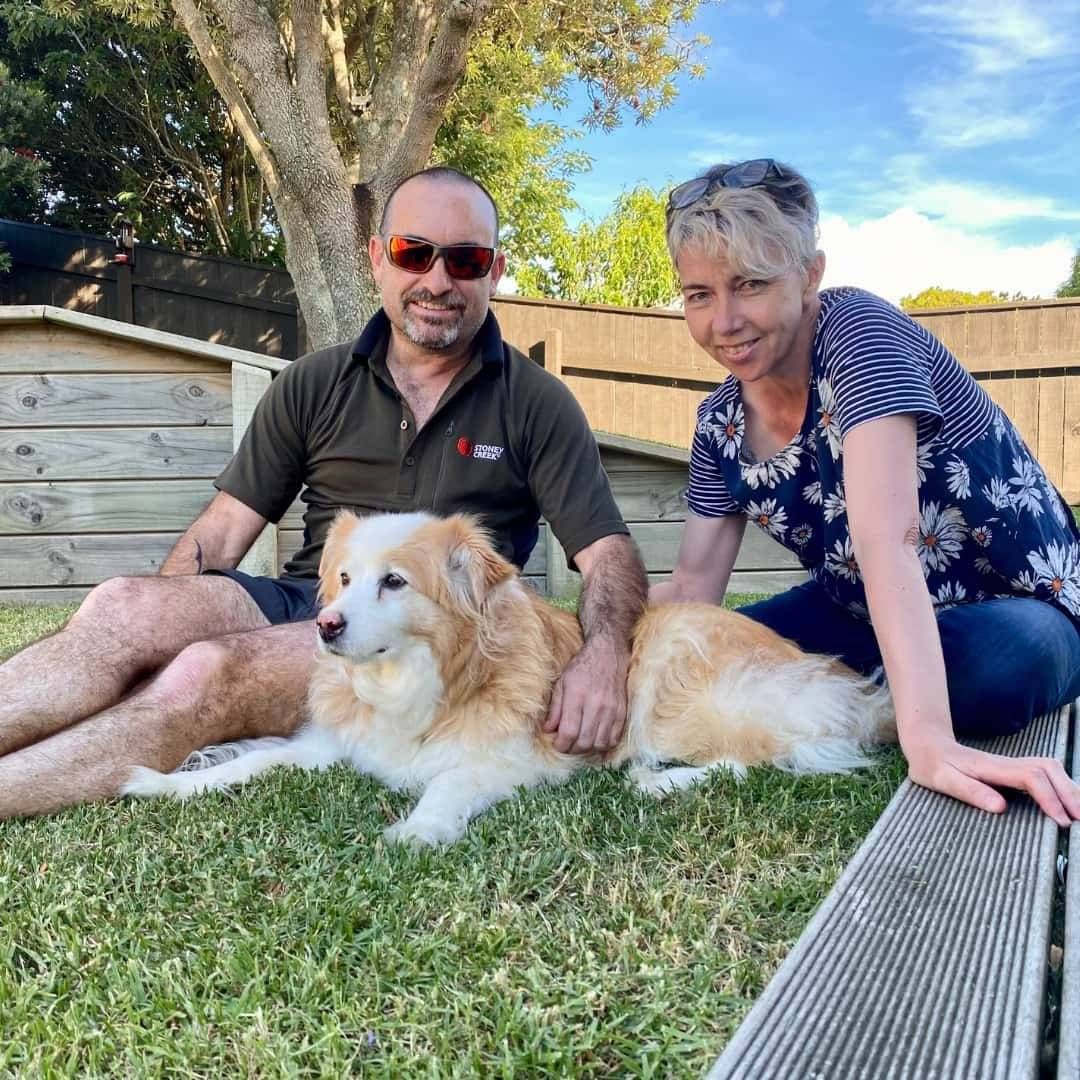 Maree Gately at home with partner and dog Jess.