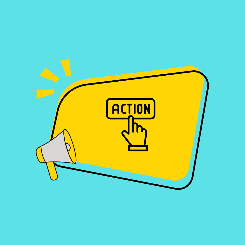 graphic with megaphone and a finger pointing to the word action to illustrate copywriting purpose