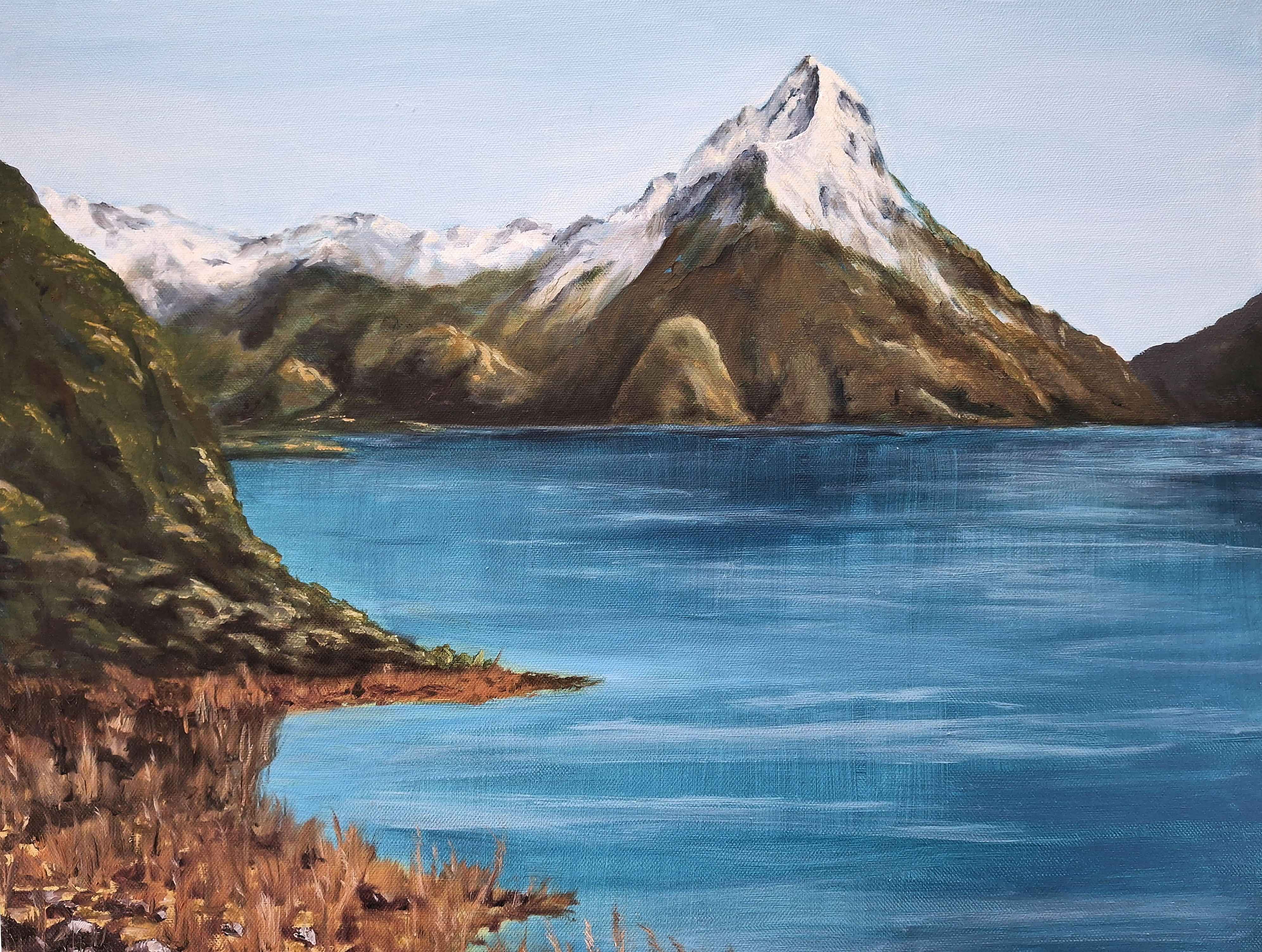 Oil painting of Mitre Peak and Milford sound by artist Ineke Zegwaard