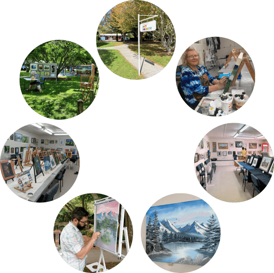 a circle of seven photos of the fun things that will be happening at the Passion for Art open Studios on 28-29 March 2026 in Cambridge New Zealand