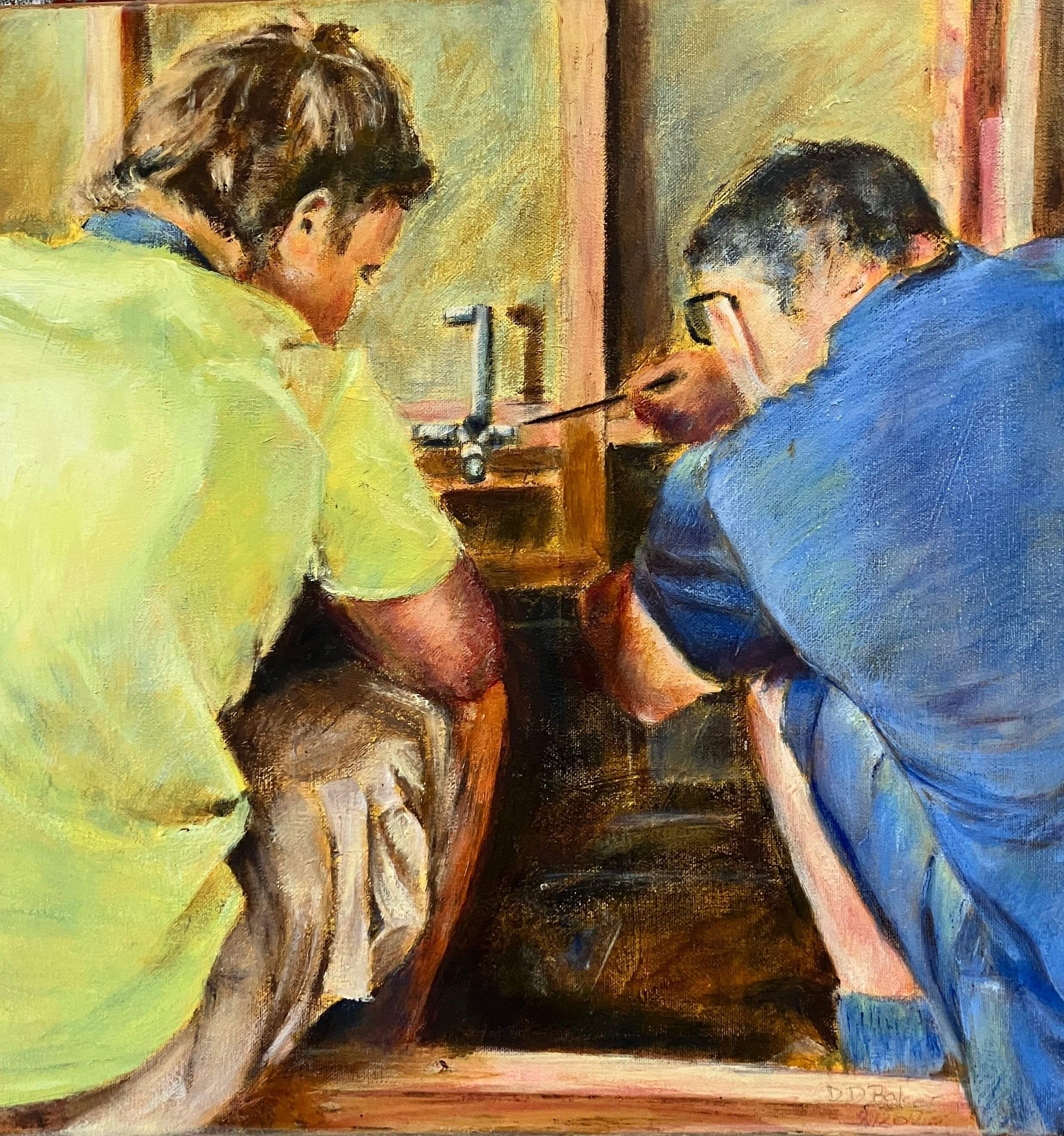Image of painting by New Zealand artist, Dianne D Baker. Acrylic and oil painter. Apprentice Plumber.
