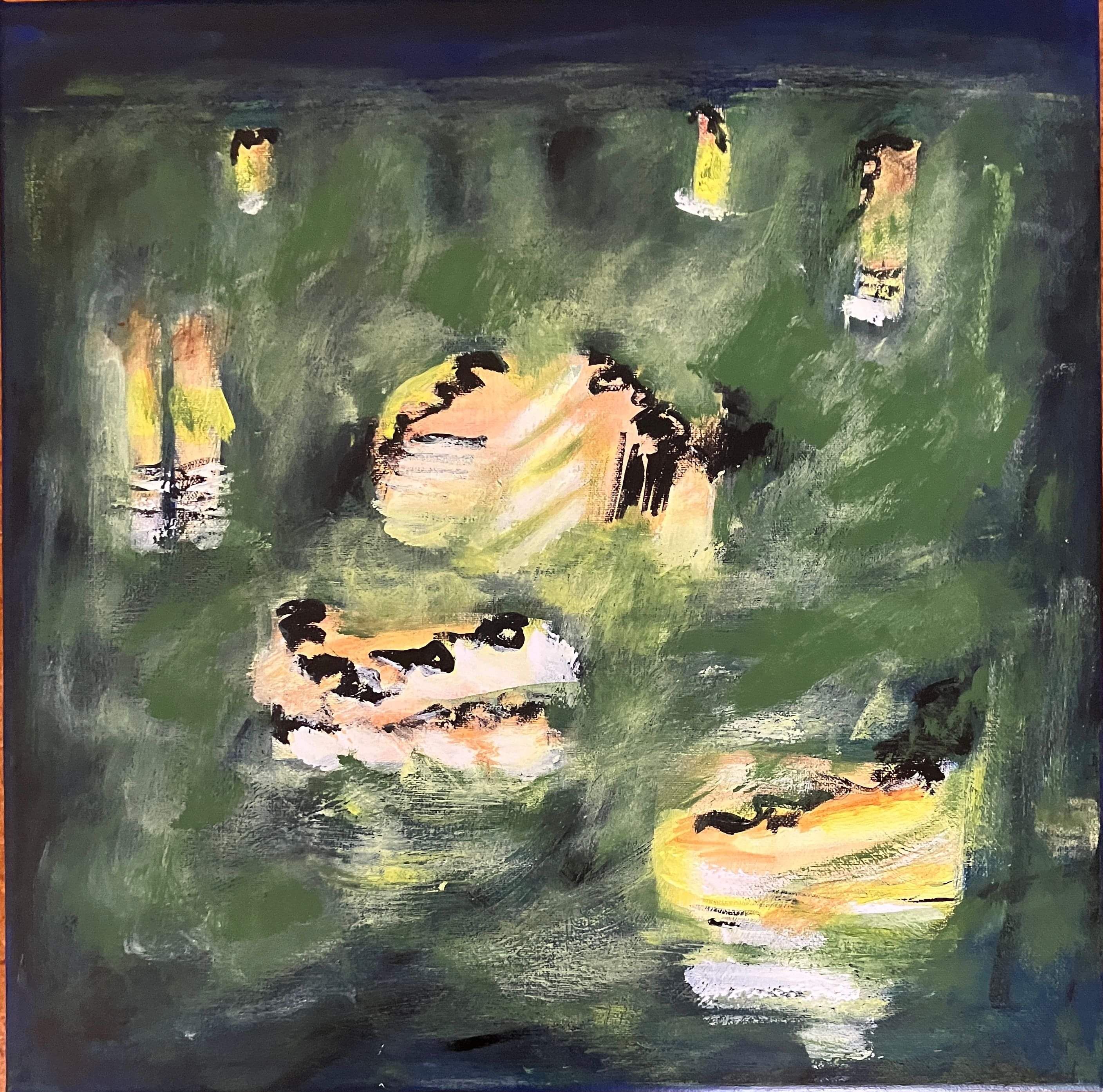 Image of painting by New Zealand artist, Dianne D Baker. Acrylic and oil painter. Night Hockey.