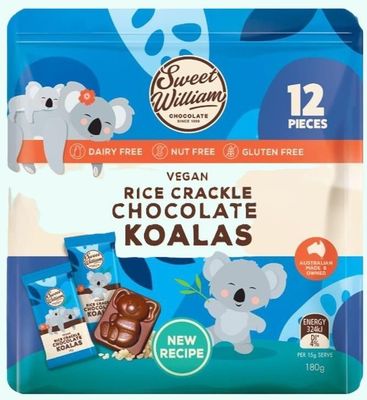 Sweet William Rice Crackle Chocolate Koala 180gm Sharepack 12 pieces DF