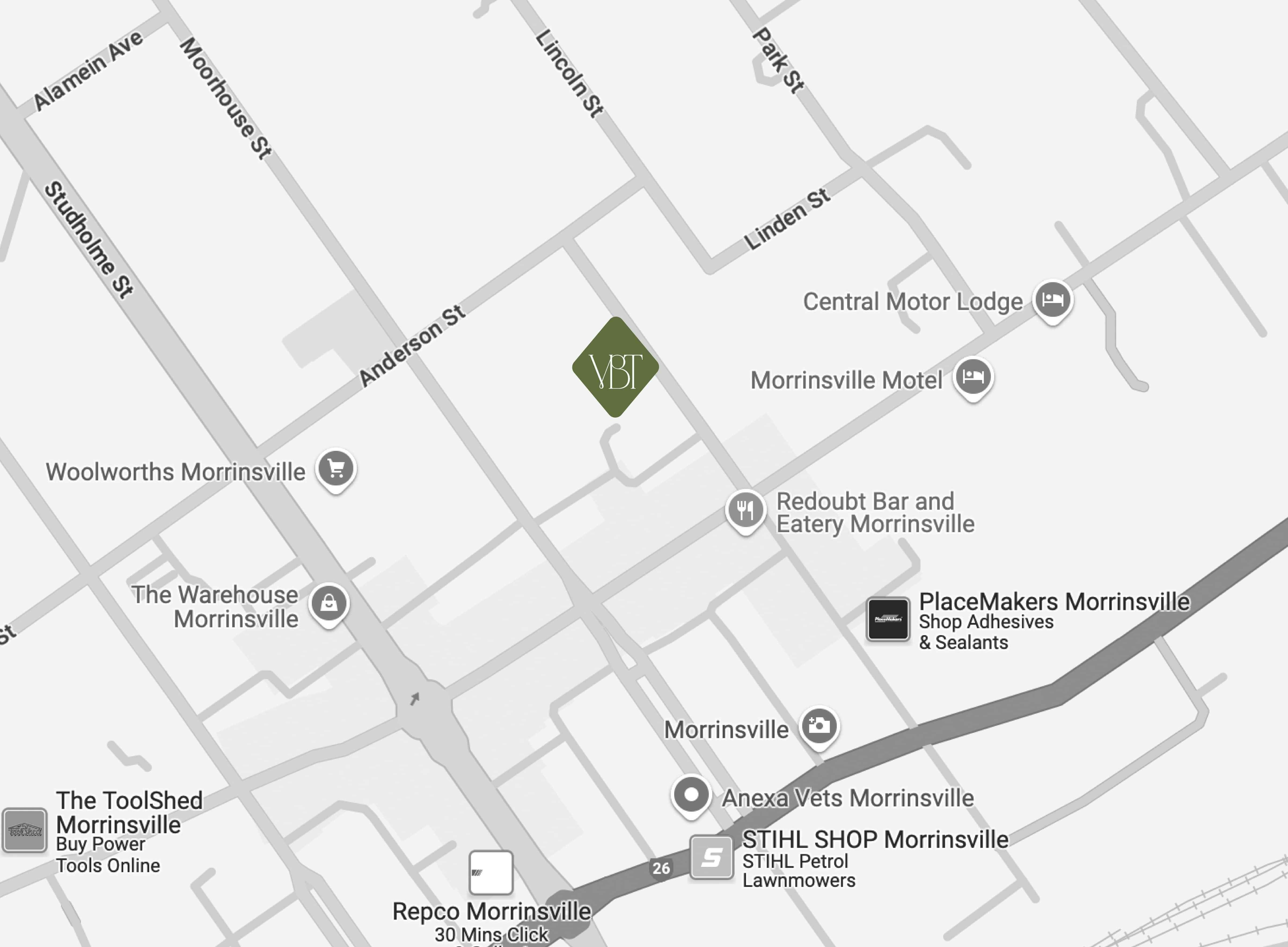 Image of Google Maps pointing to the Vital Body Therapy Morrinsville clinic location. Waikato. New Zealand.