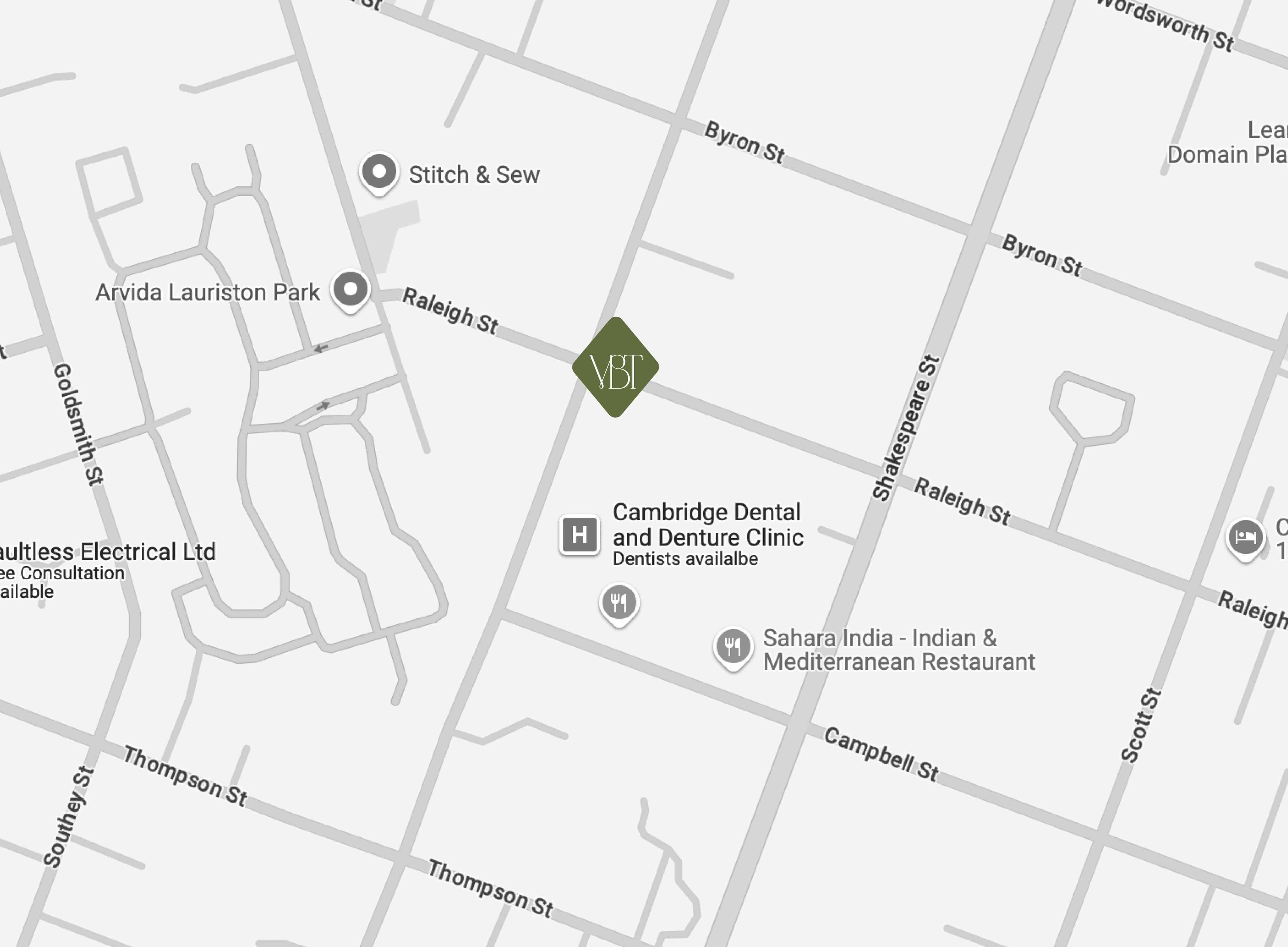 Image of Google Maps pointing to the Vital Body Therapy Cambridge clinic location. Waikato. New Zealand.