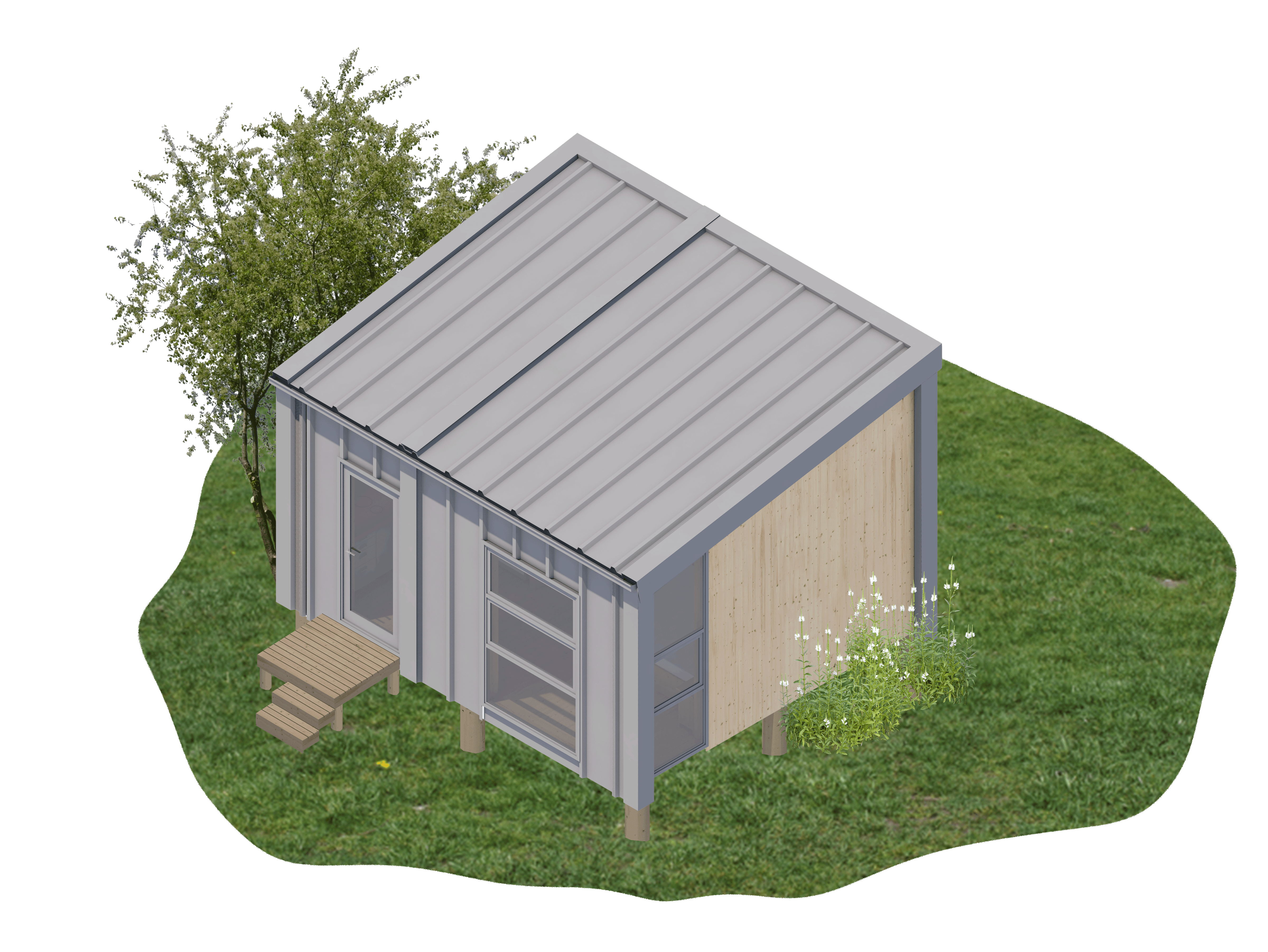collage style render of a small studio dwelling with assymmetric roof and grey cladding