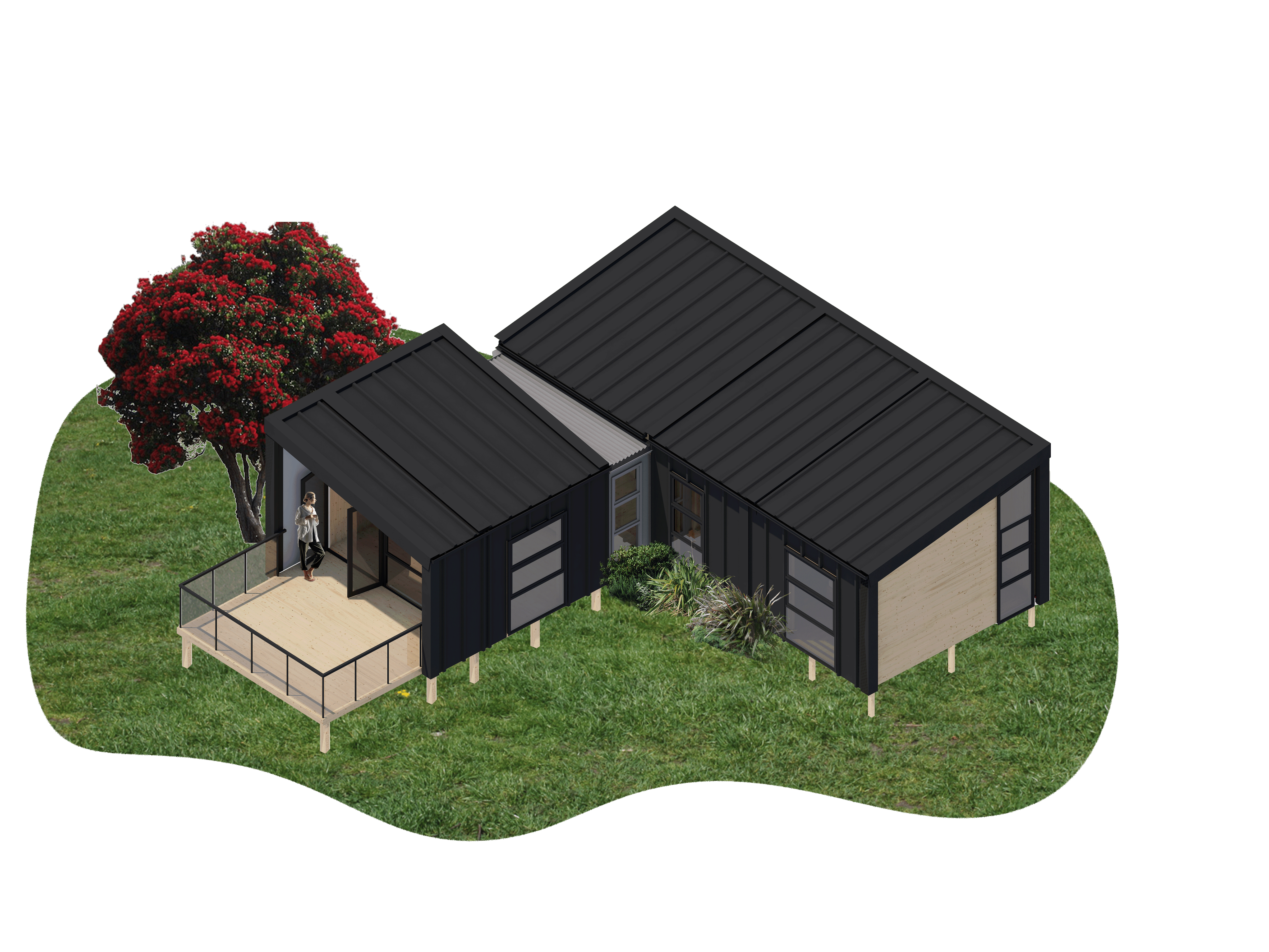 collage style render of an L-shaped house with assymmetric roof and black cladding