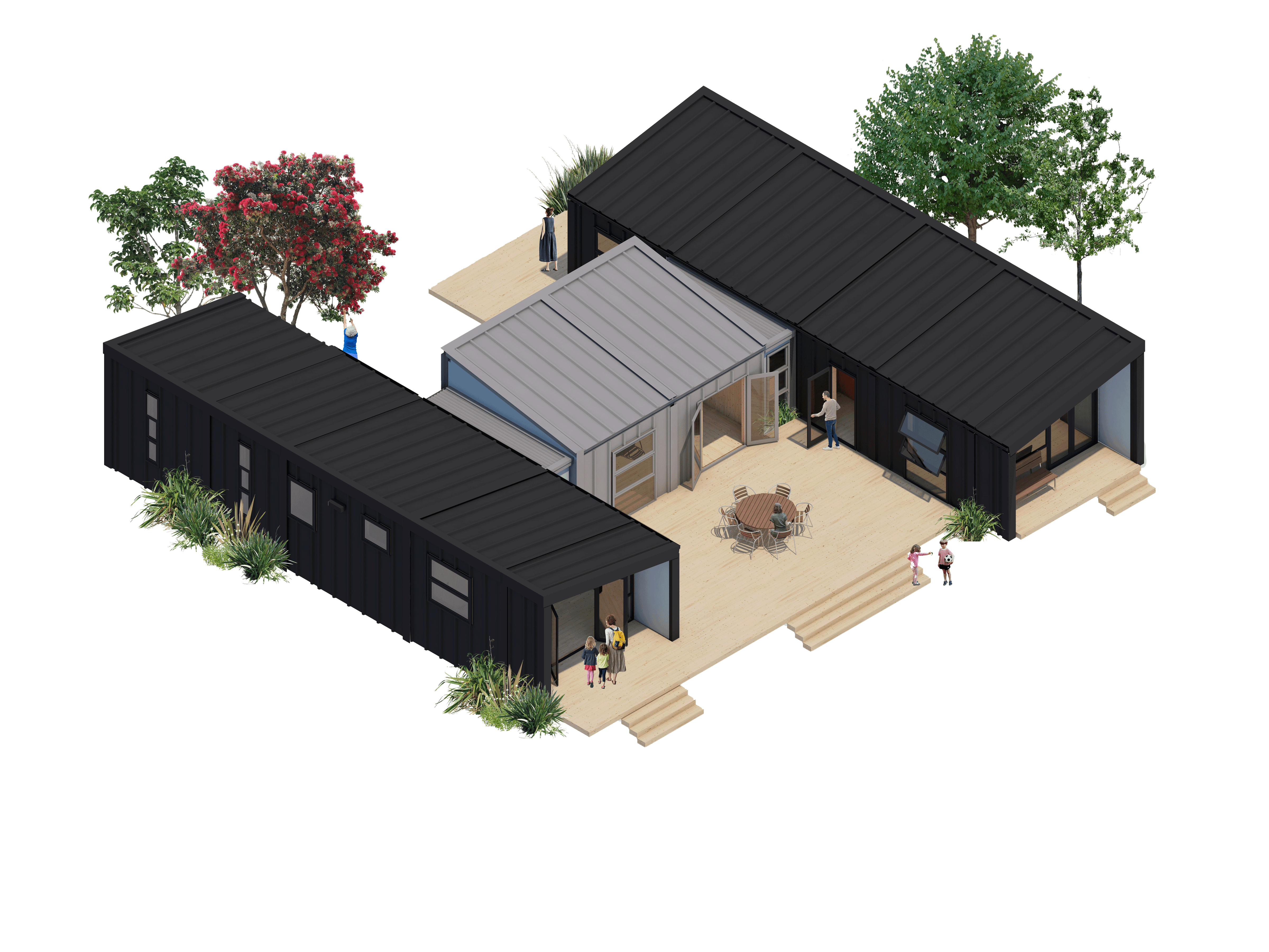 collage style render of a large H-shaped house with assymmetric roof and grey cladding