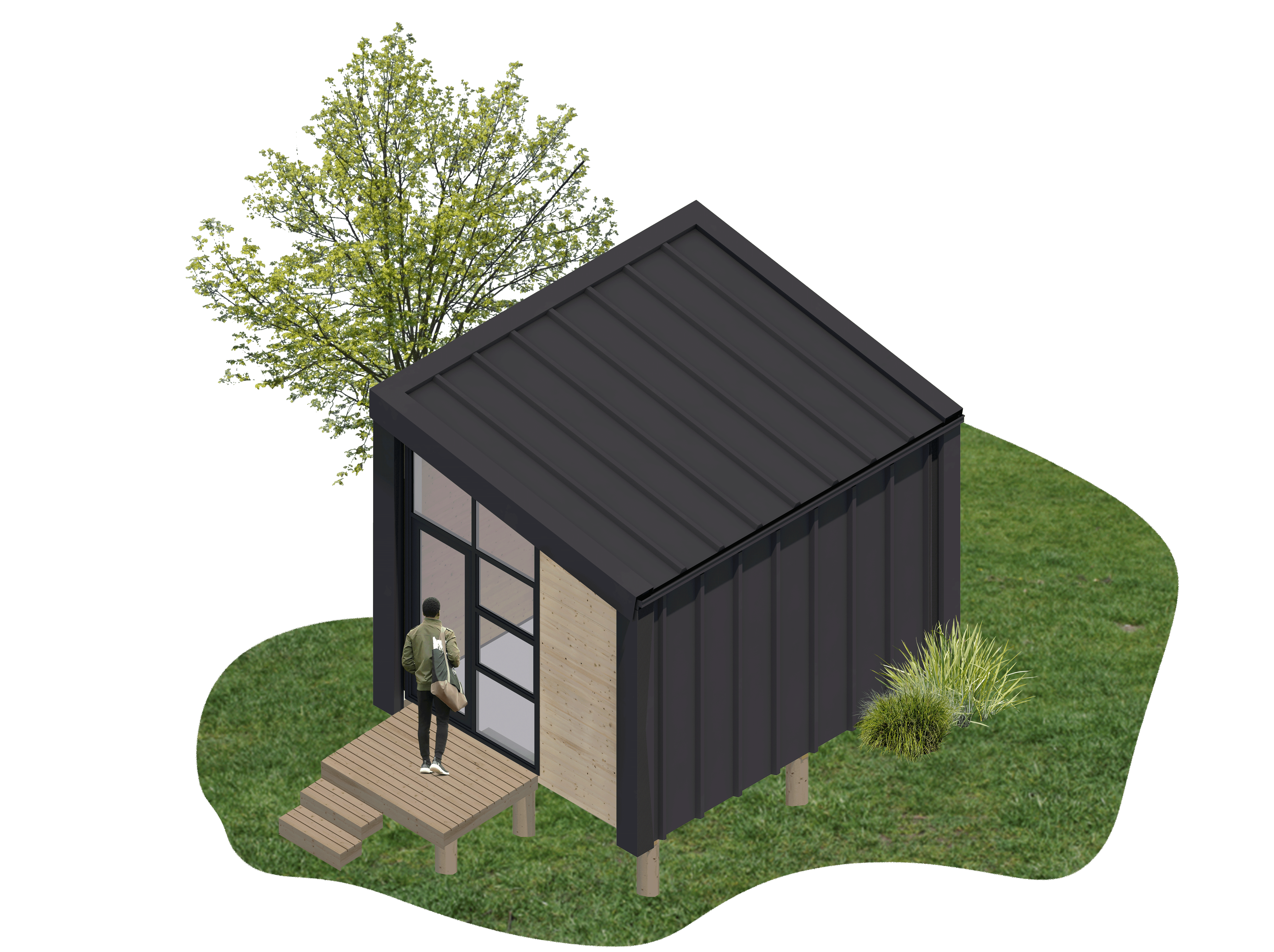 collage style render of a small sleepout with assymmetric roof and black cladding
