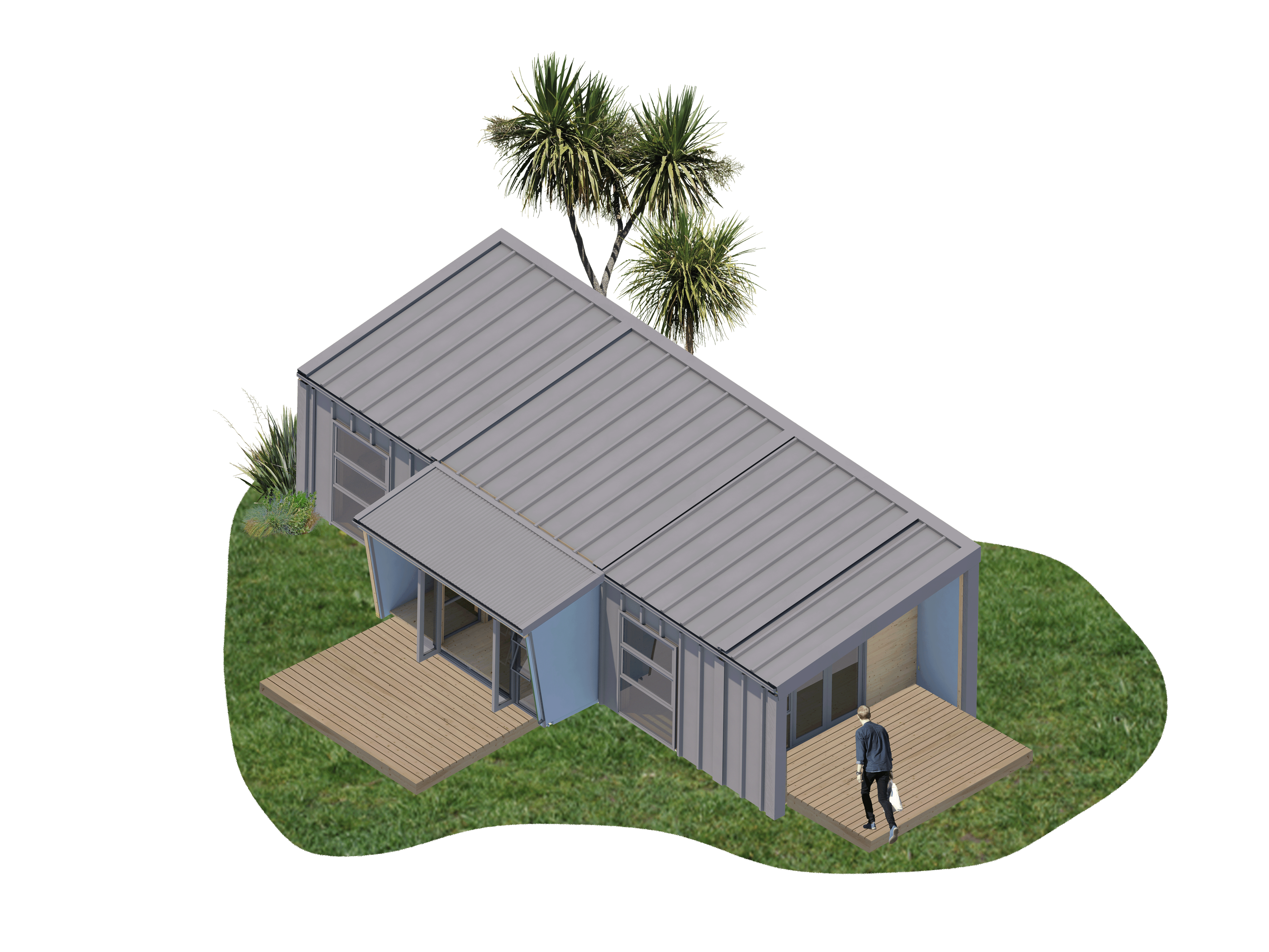 collage style render of a long narrow house with assymmetric roof and grey cladding