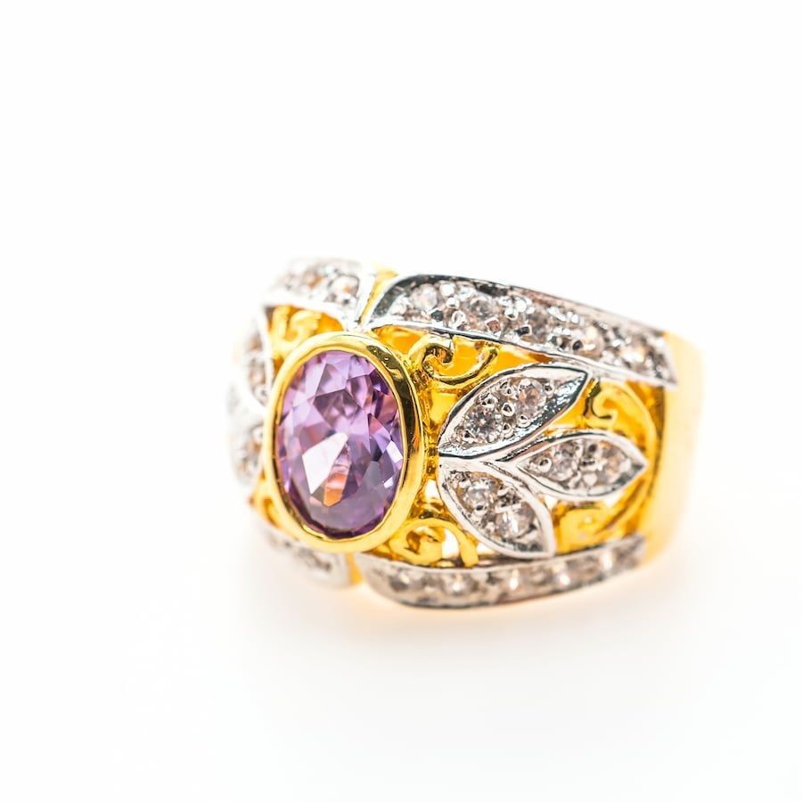 Ornate gold and amethyst cocktail ring