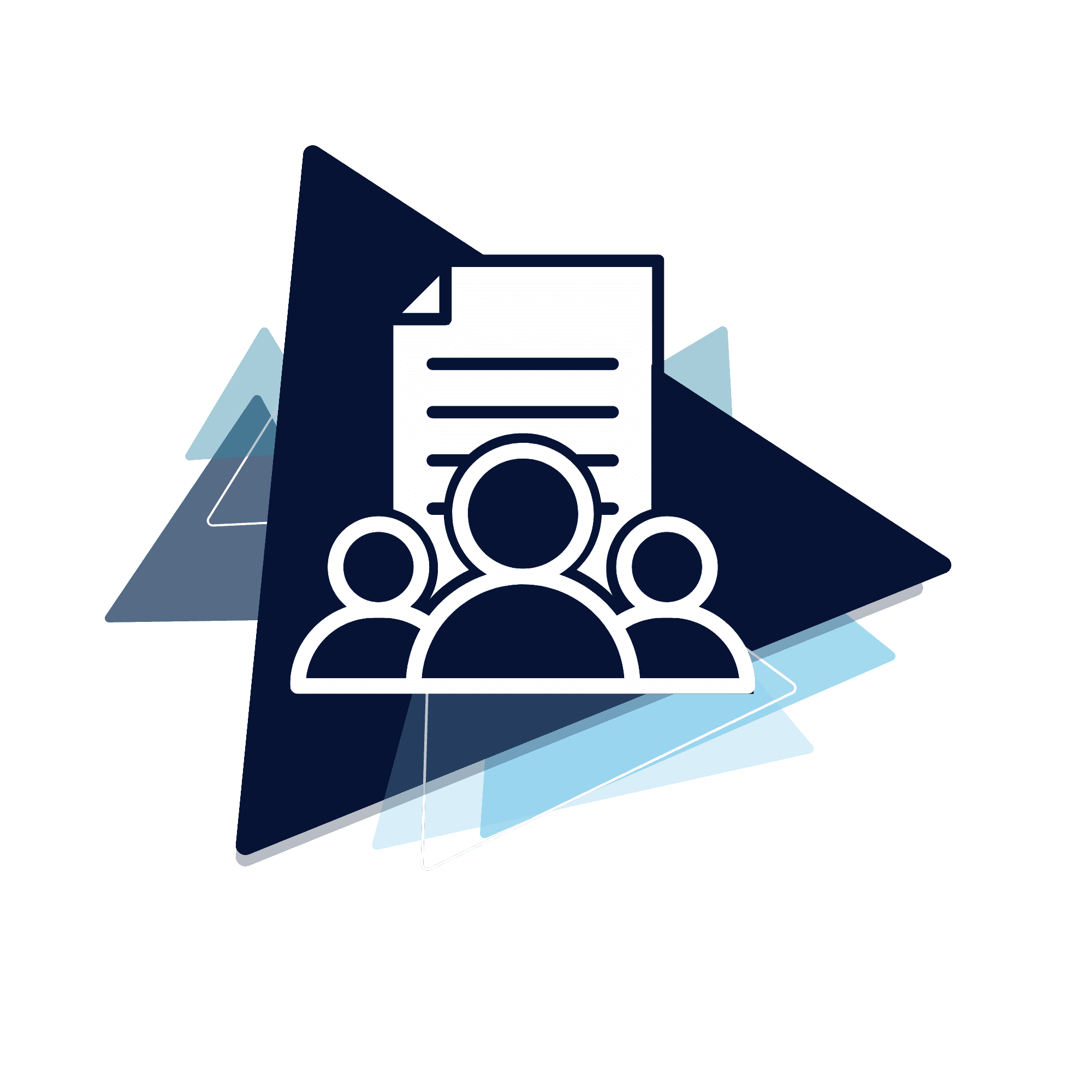 Branded Icon of 3 people in front of a document,  on navy blue and light blue geometric triangles