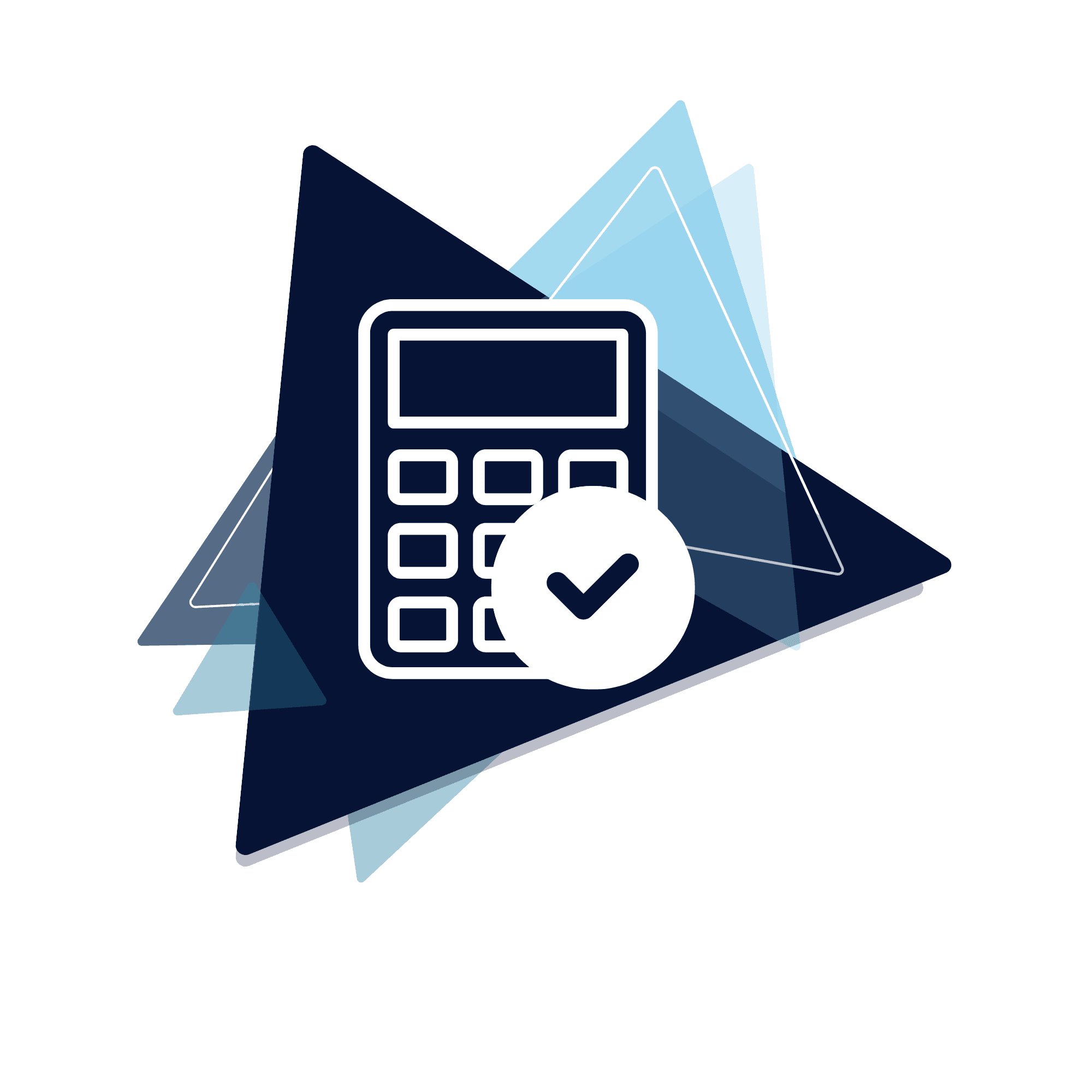 Branded Icon of a calculator and check mark,  on navy blue and light blue geometric triangles