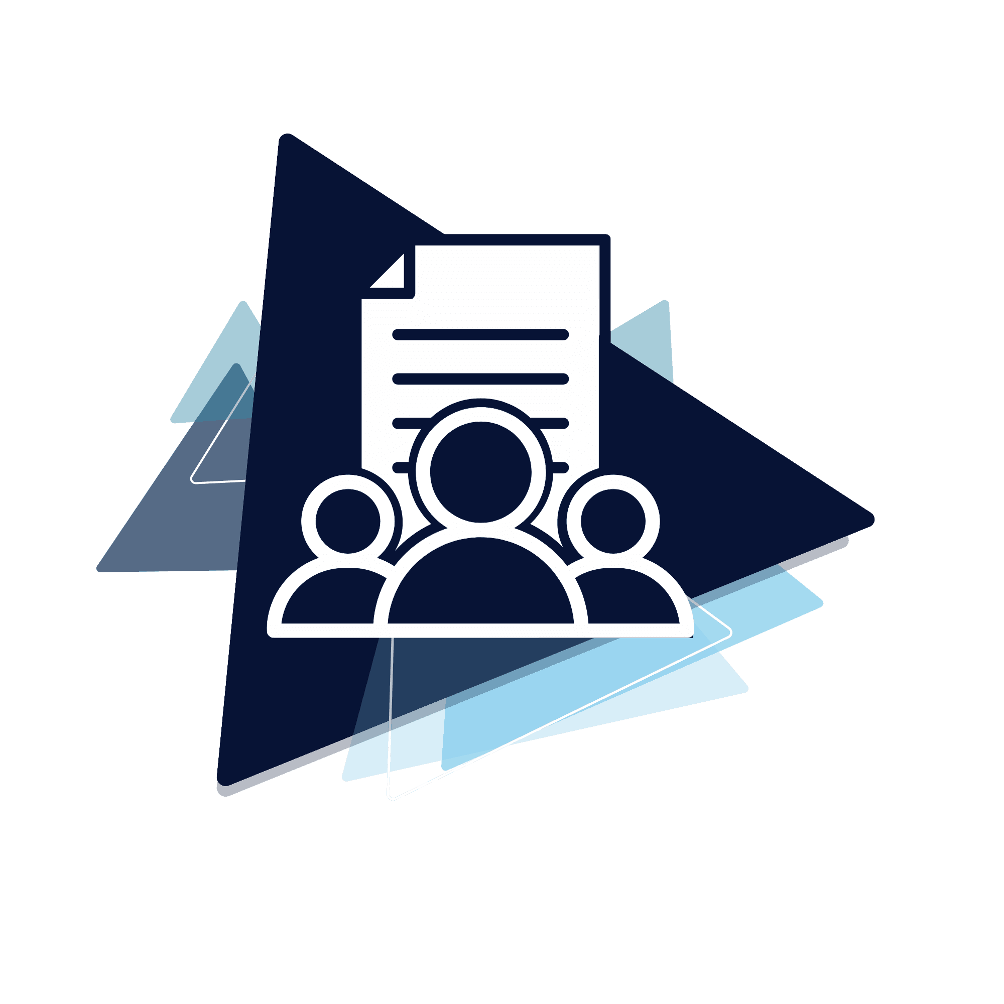 Branded Icon of 3 people in front of a document,  on navy blue and light blue geometric triangles