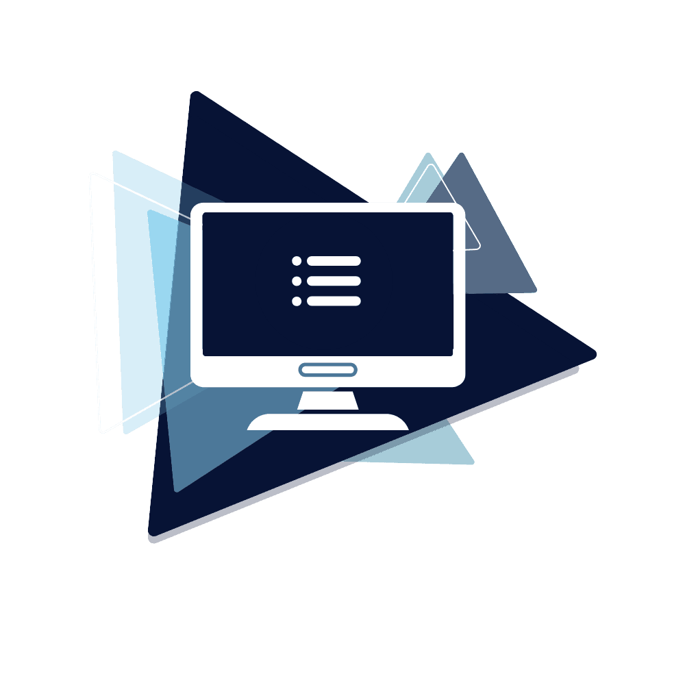 Branded Icon of a computer screen with a list on the screen,  on navy blue and light blue geometric triangles
