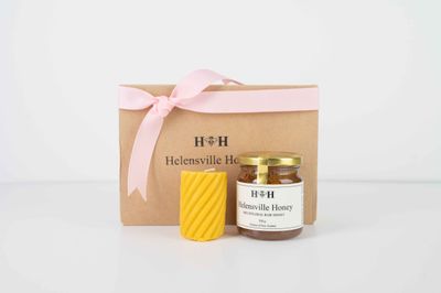 Small Pink Ribbon Giftbox with Multifloral Raw Honey (250g) and Spiral Beeswax Candle