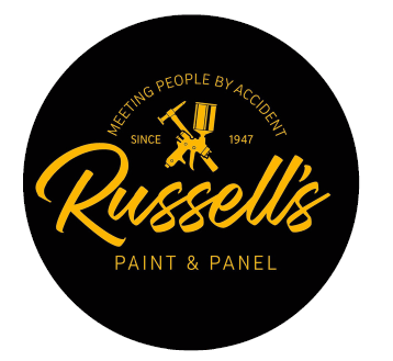 black and yellow Russell's Paint and Panel logo