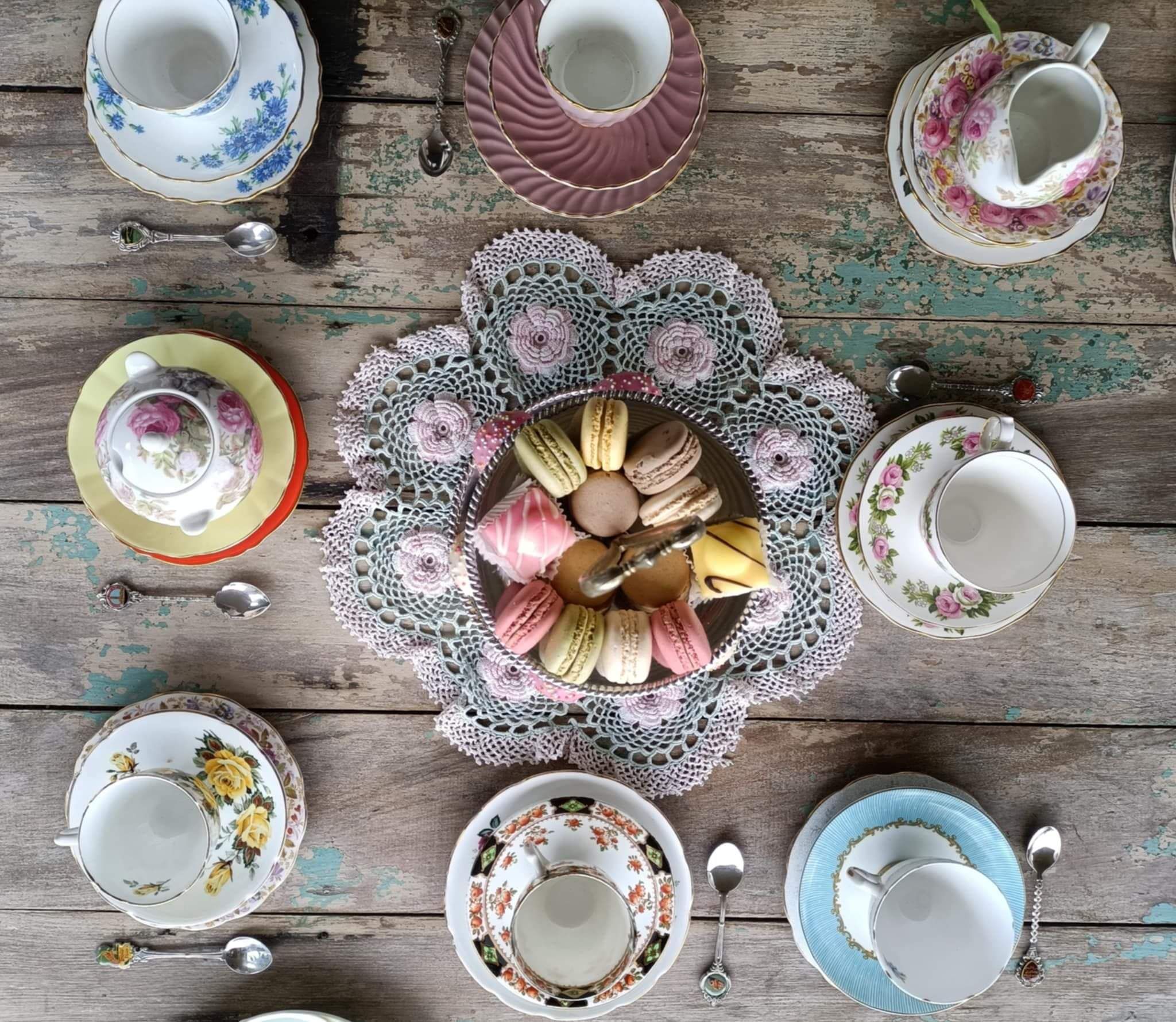 aerial view of teacup settings