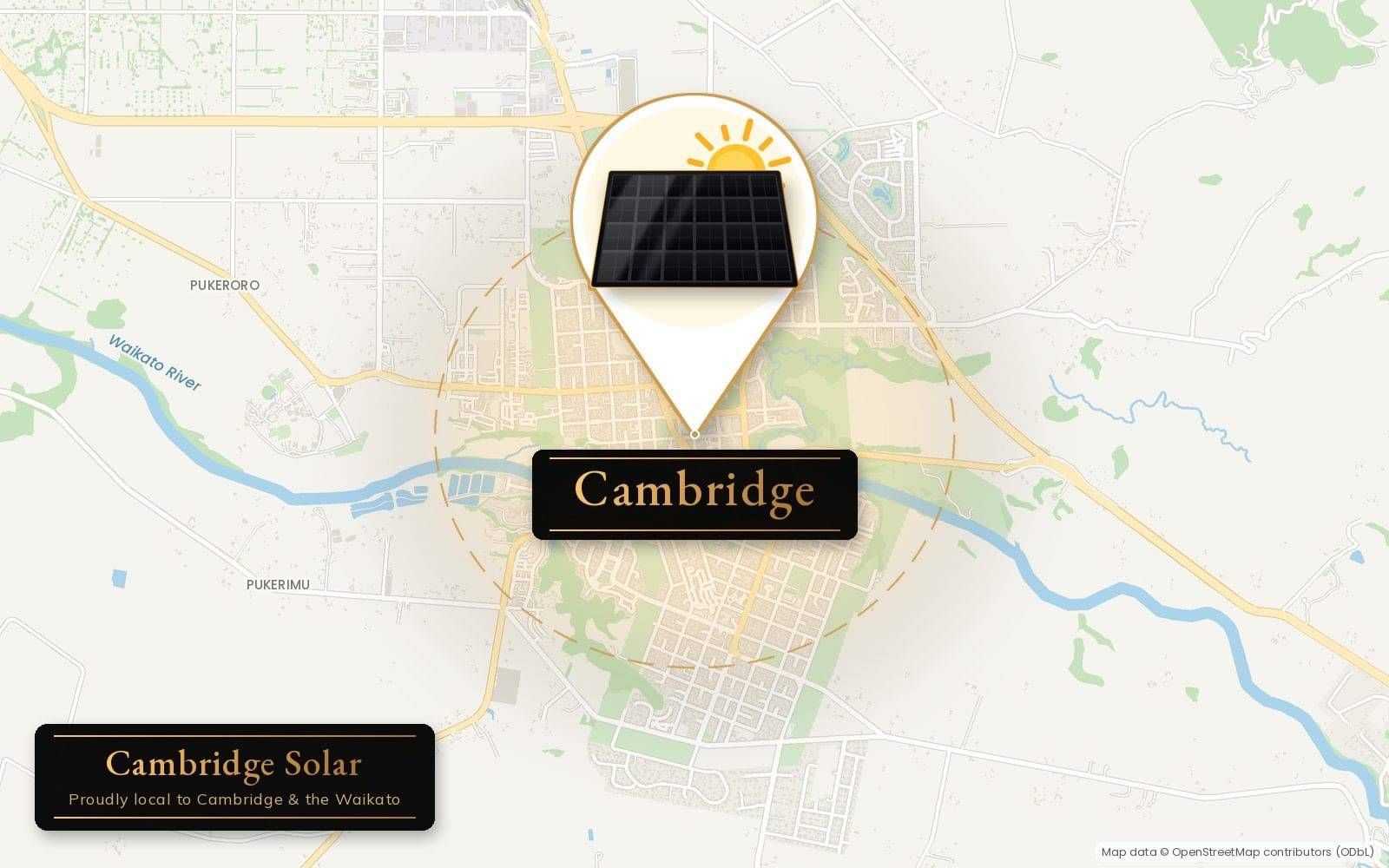 Map of Cambridge, Waikato with a solar panel pin - Cambridge Solar