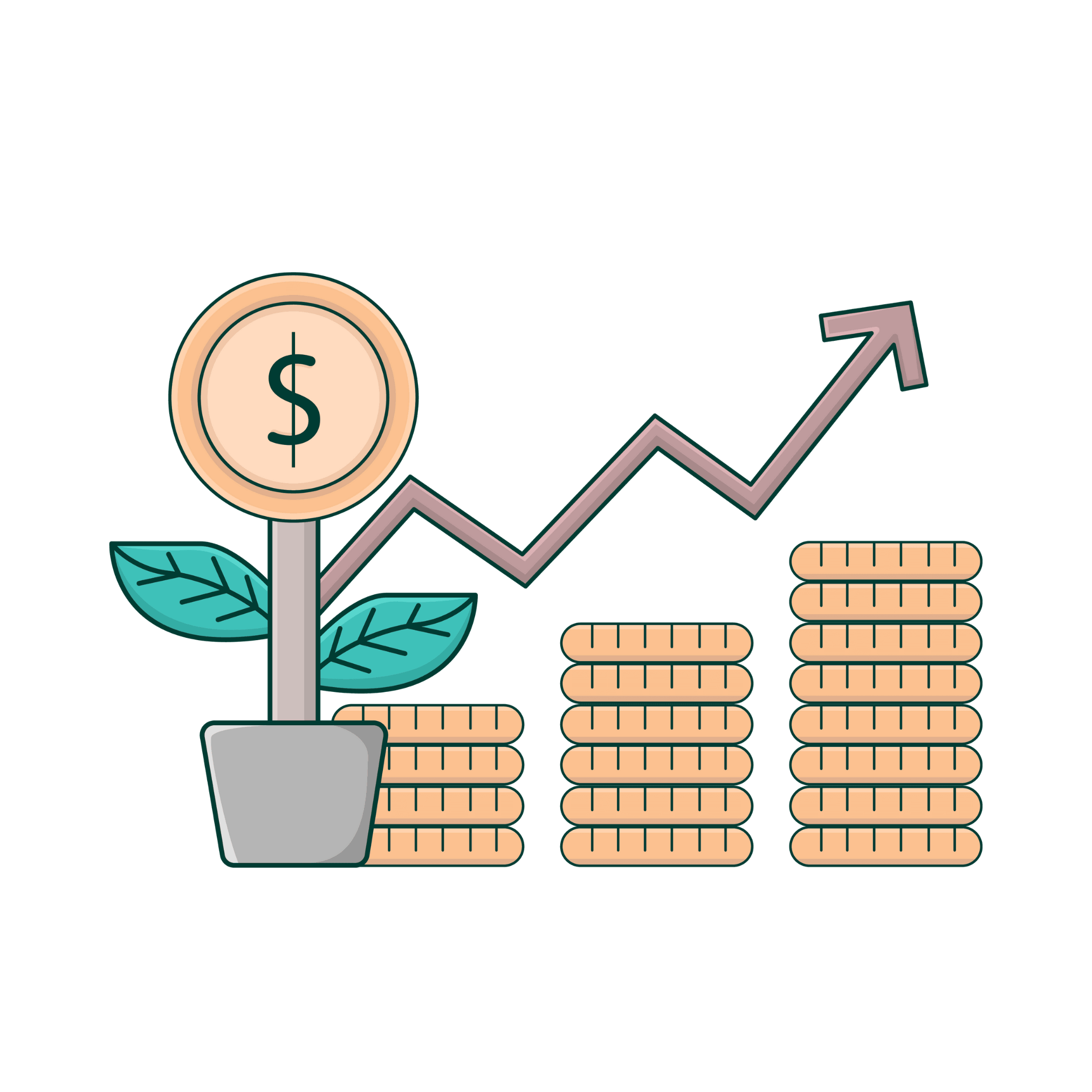 Image of a money tree growing stacked coins with a arrow repesenting sales growth