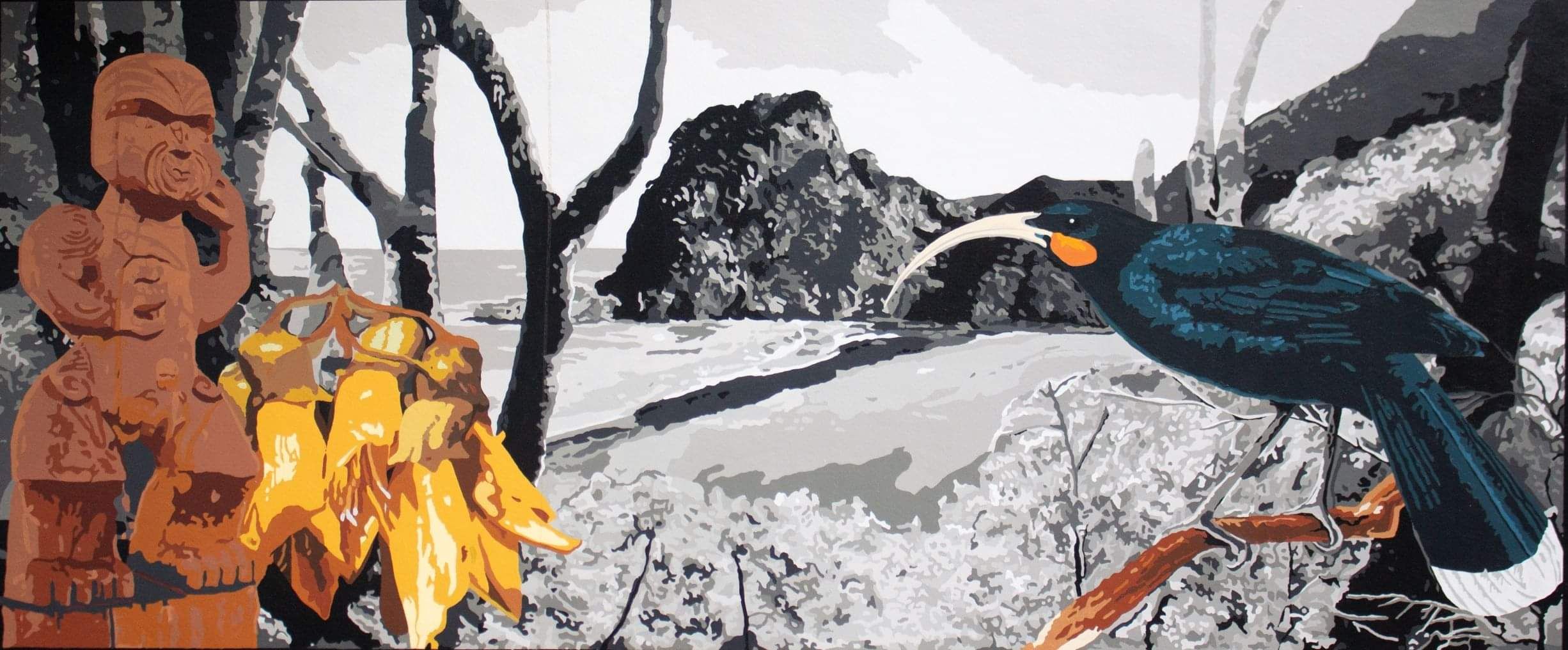 Painted mural with a poe kowhai flower a huia bird and Piha in the backgound