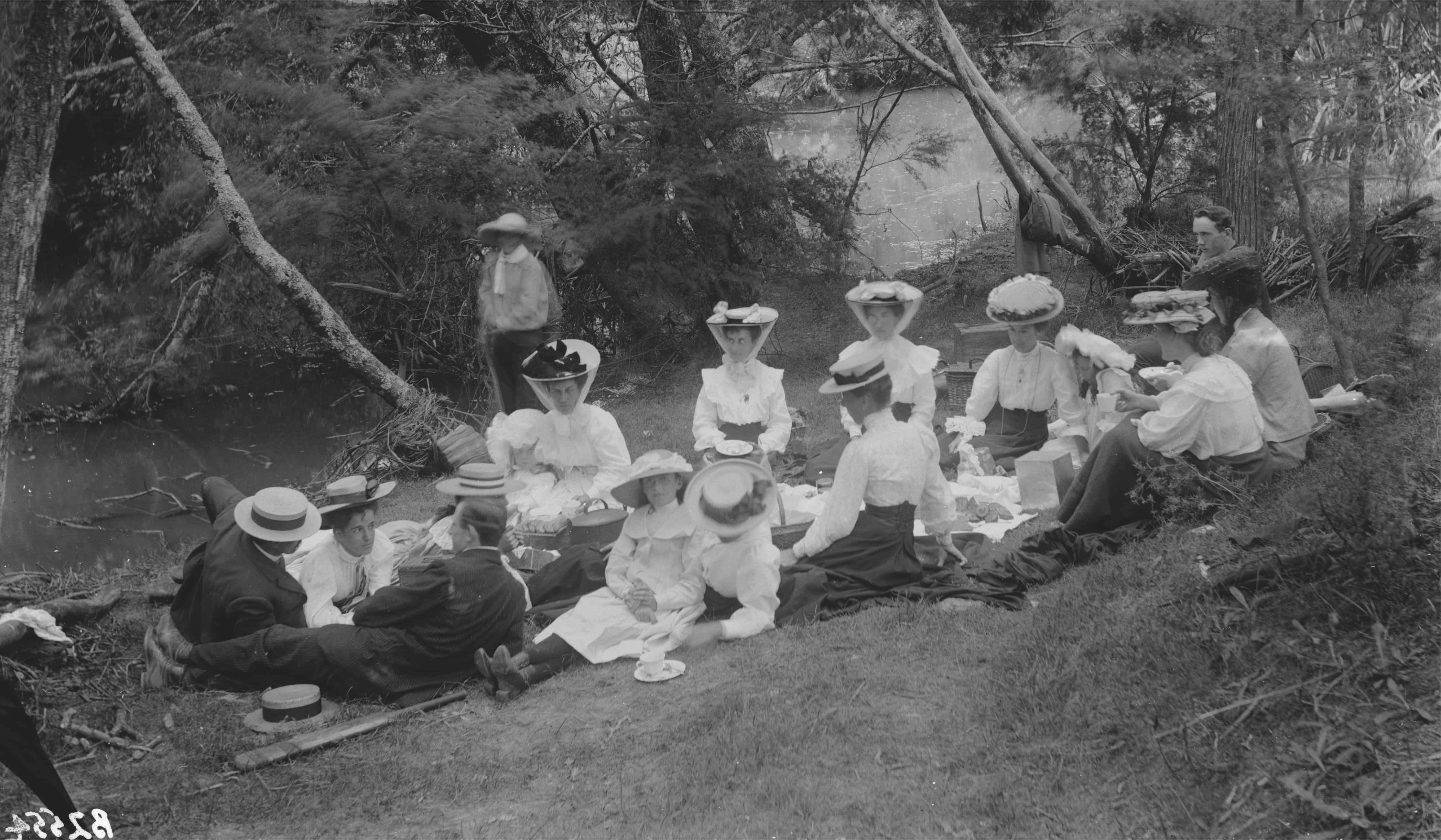 A group of people, mostly ladies in hats sitting in a clearing having a picnic