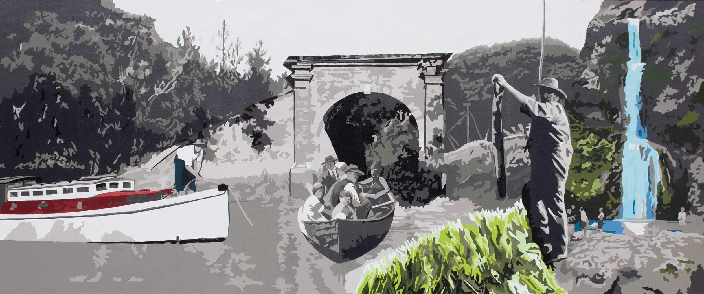 Mural painting of two boats on a river, a man fishing. an arched bridge in the background  and a waterfall to the right of the painting