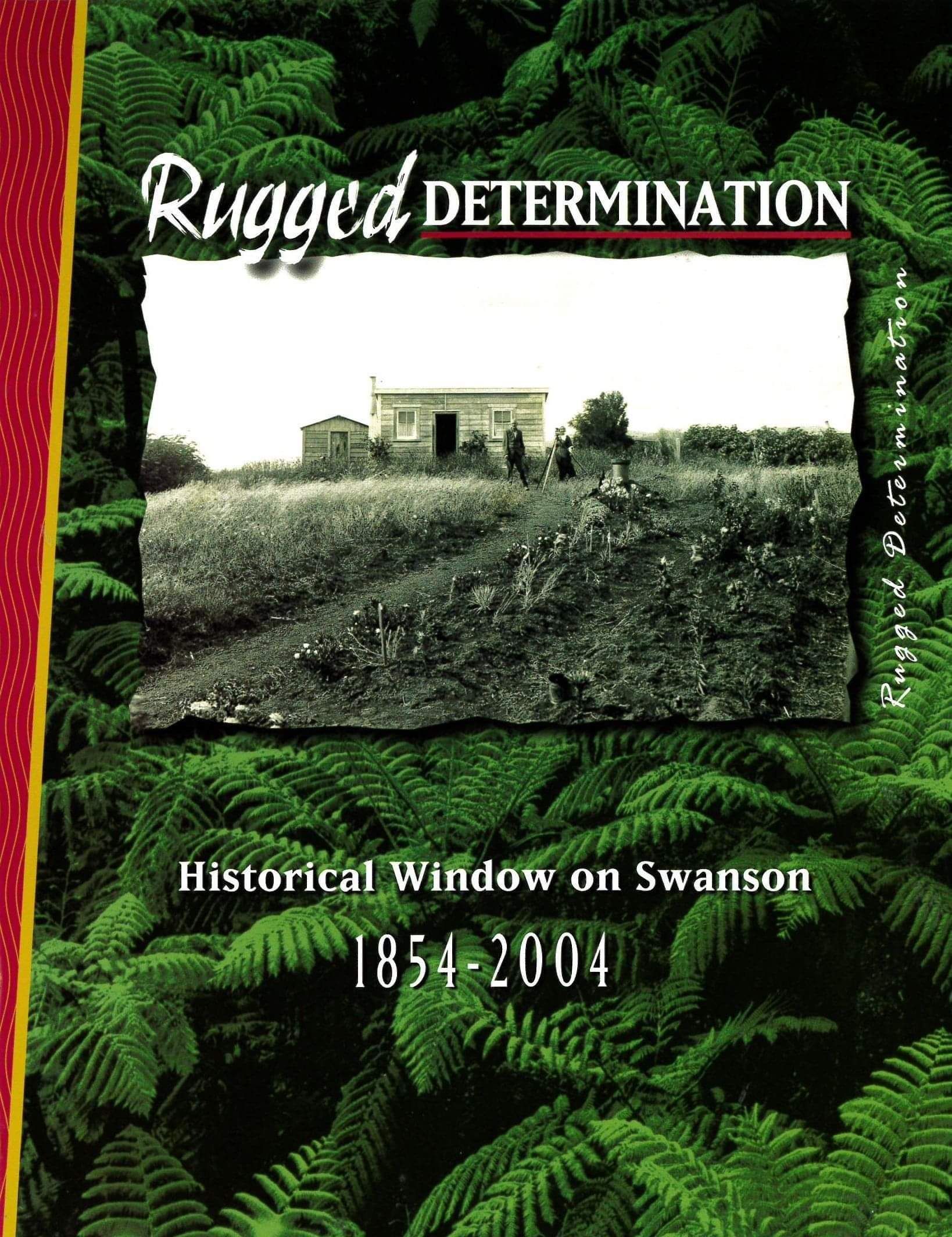 Book cover with green ferns and a photo of crops and a cottage