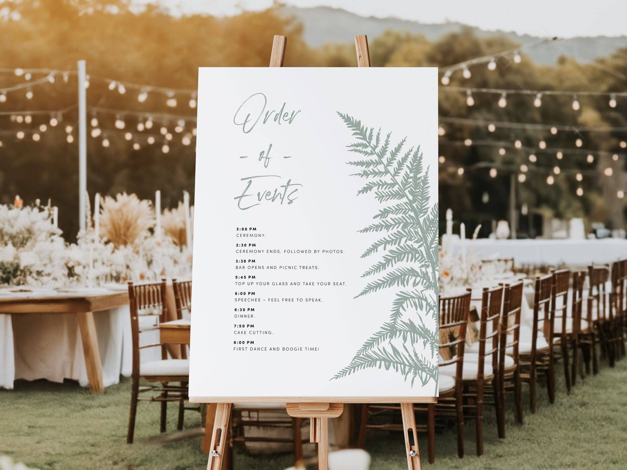 Silver Fern Wedding Order of Events Signage Design | Wedding Graphic Design