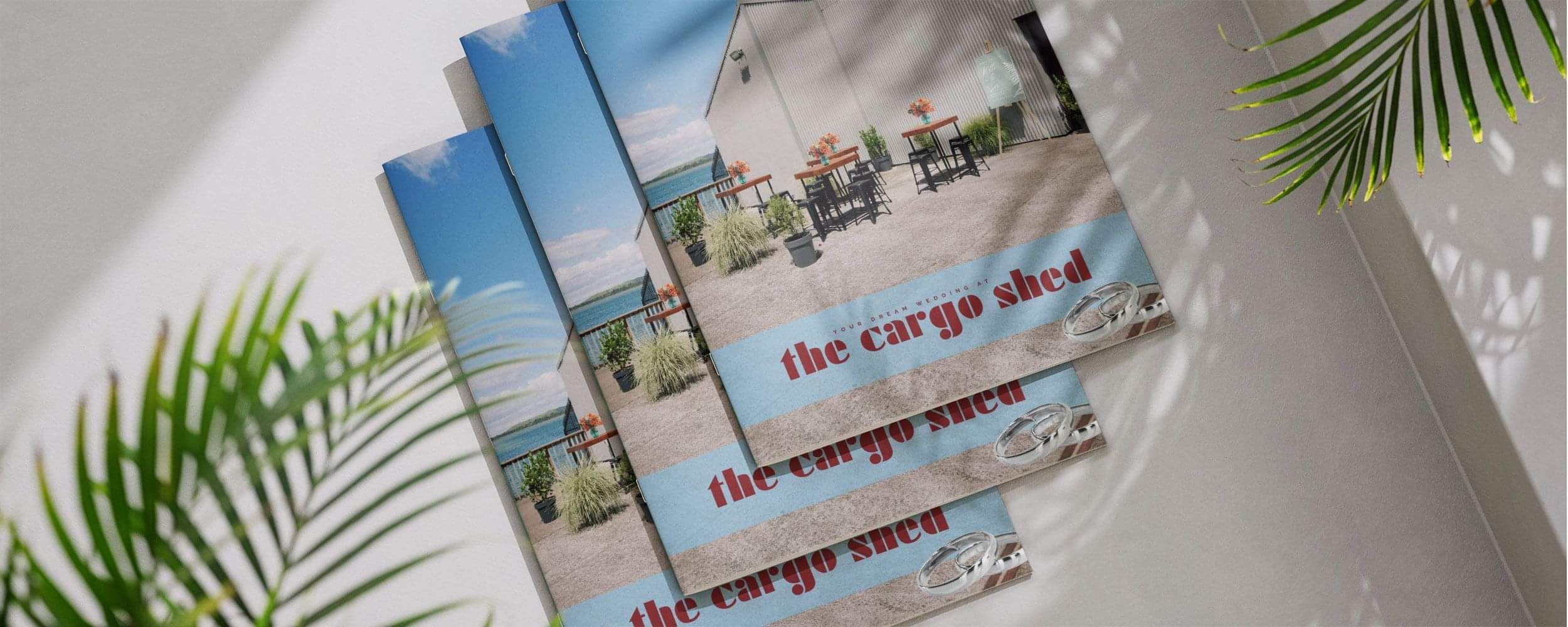 Wedding brochure design fot the Cargo Shed, a waterfront wedding venue in Tauranga,. Brochure designed by Poppyseed Design