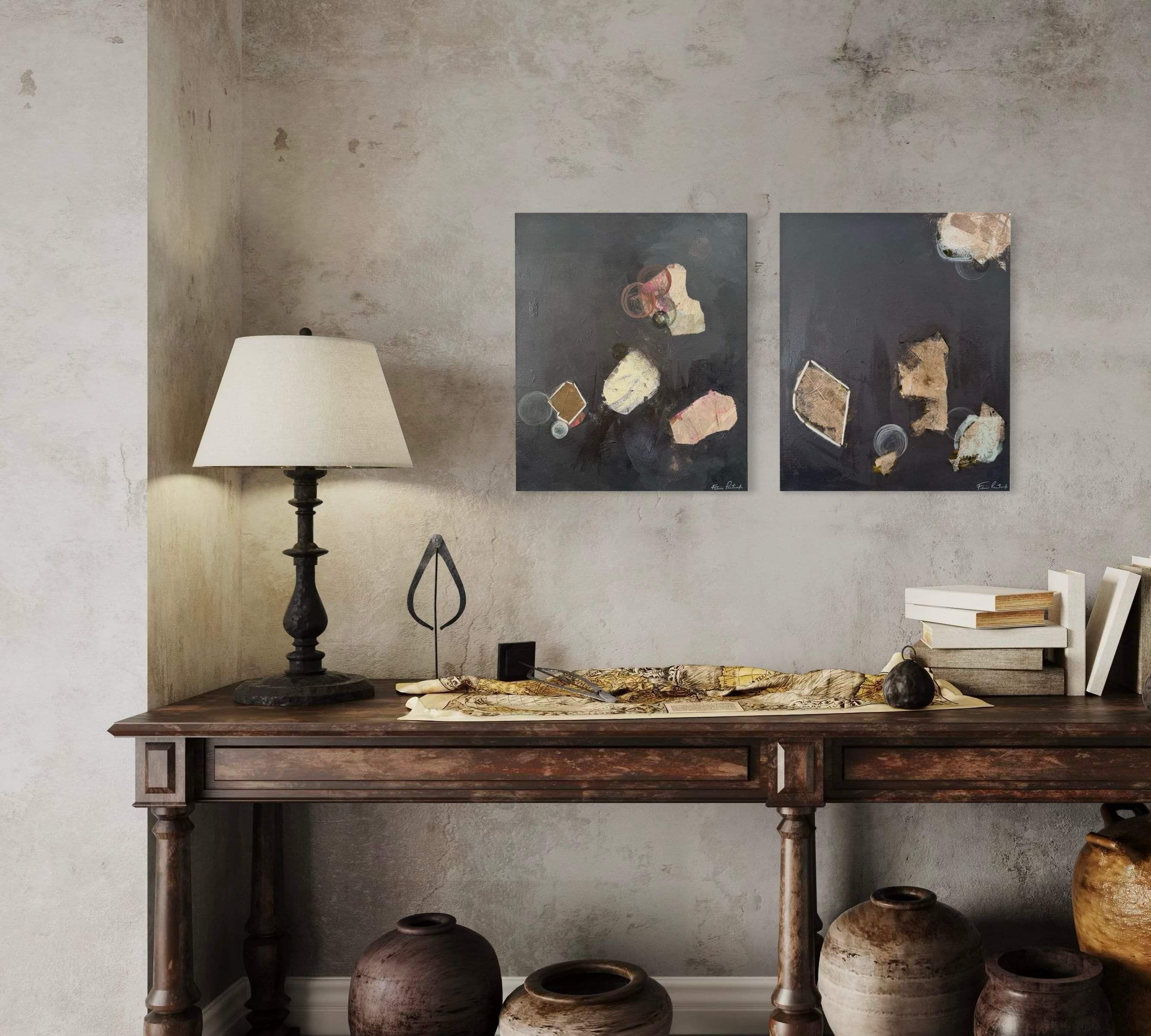 Diptych abstract painting titled Notes of Earth and Fire