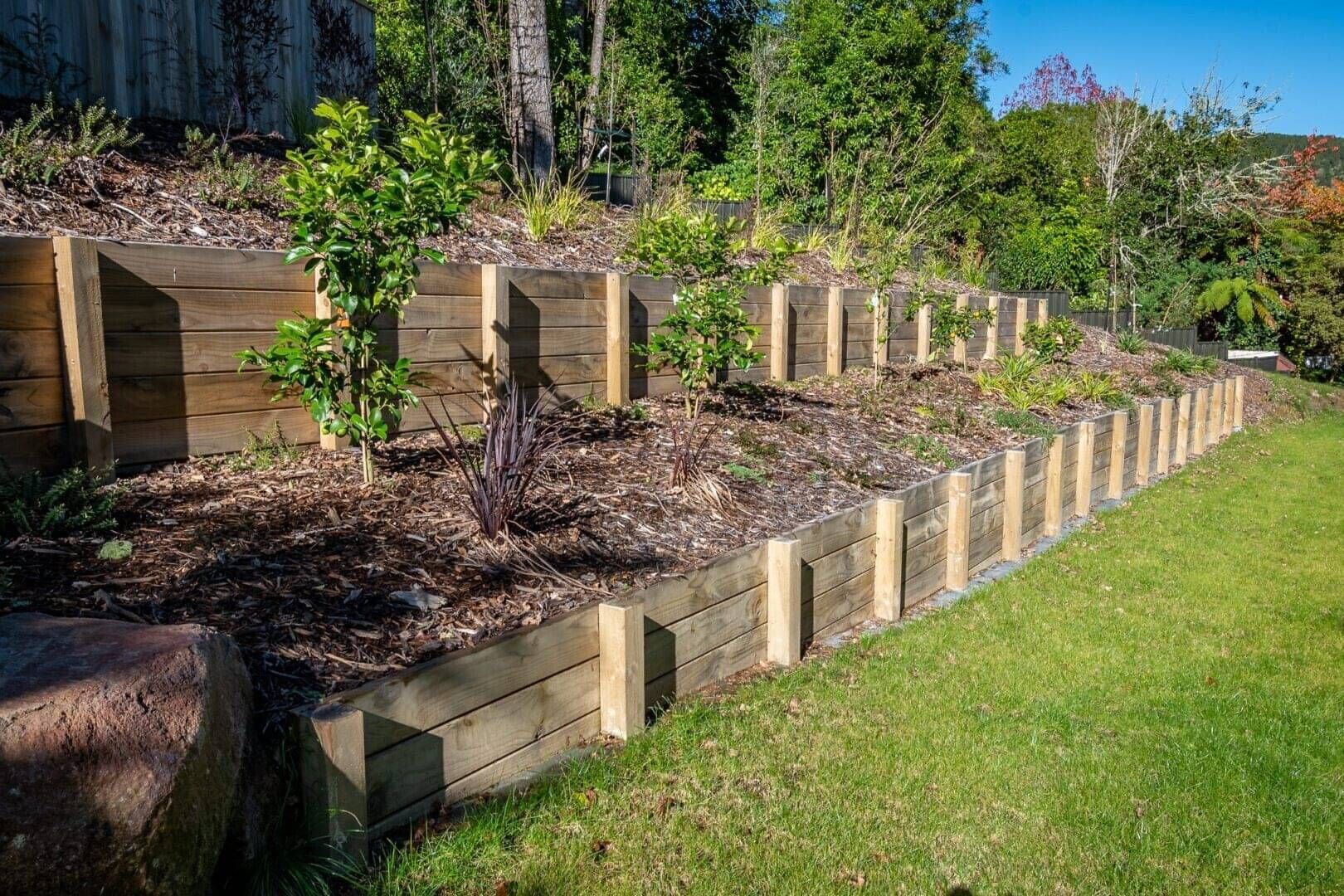 Multi-level retaining wall for sloped section in Rotorua