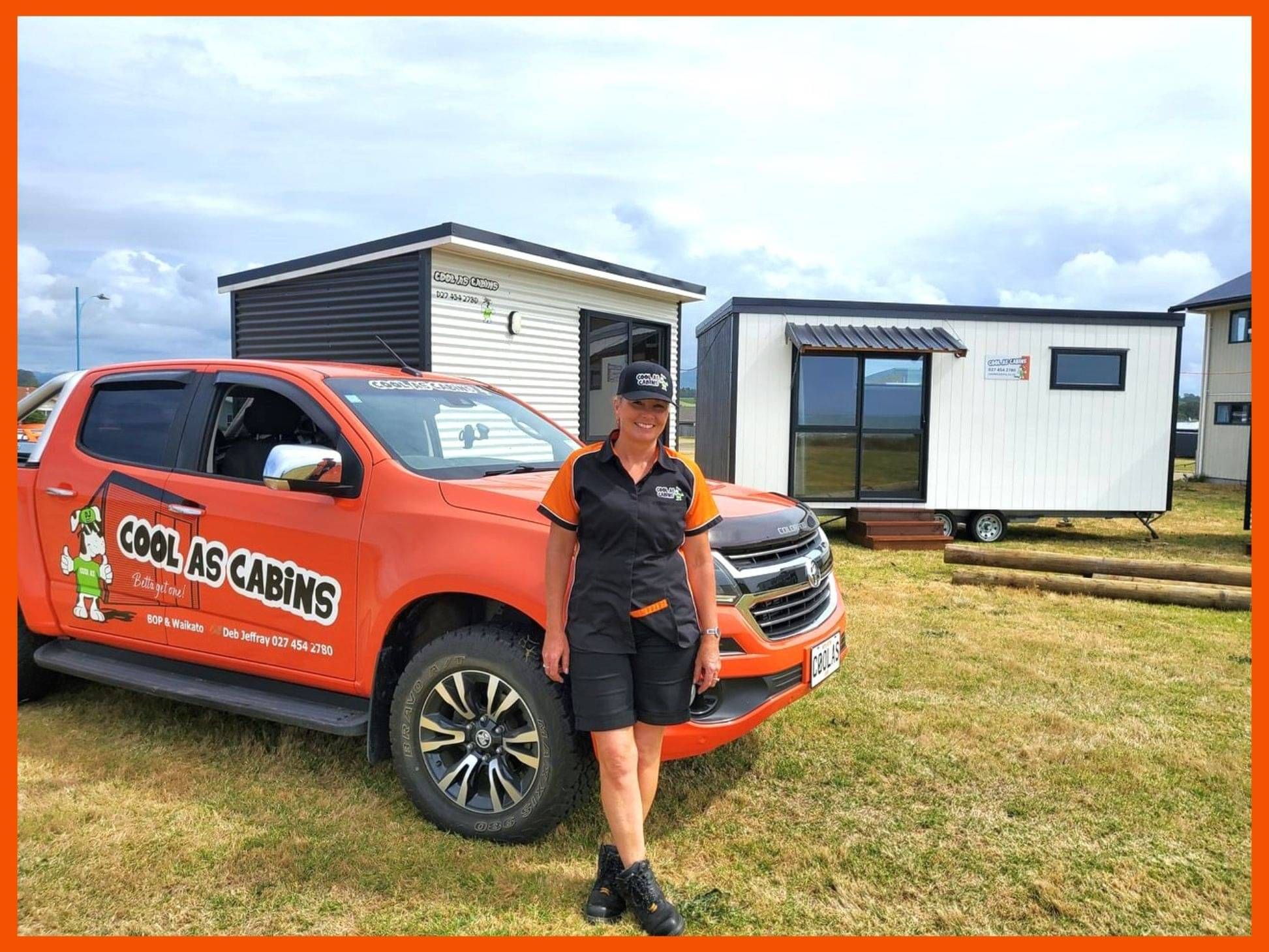 Deb Jeffrey of Cool as Cabins standing in front of her trusty truck after delivering two cabins in the Eastern Bay of Plenty.