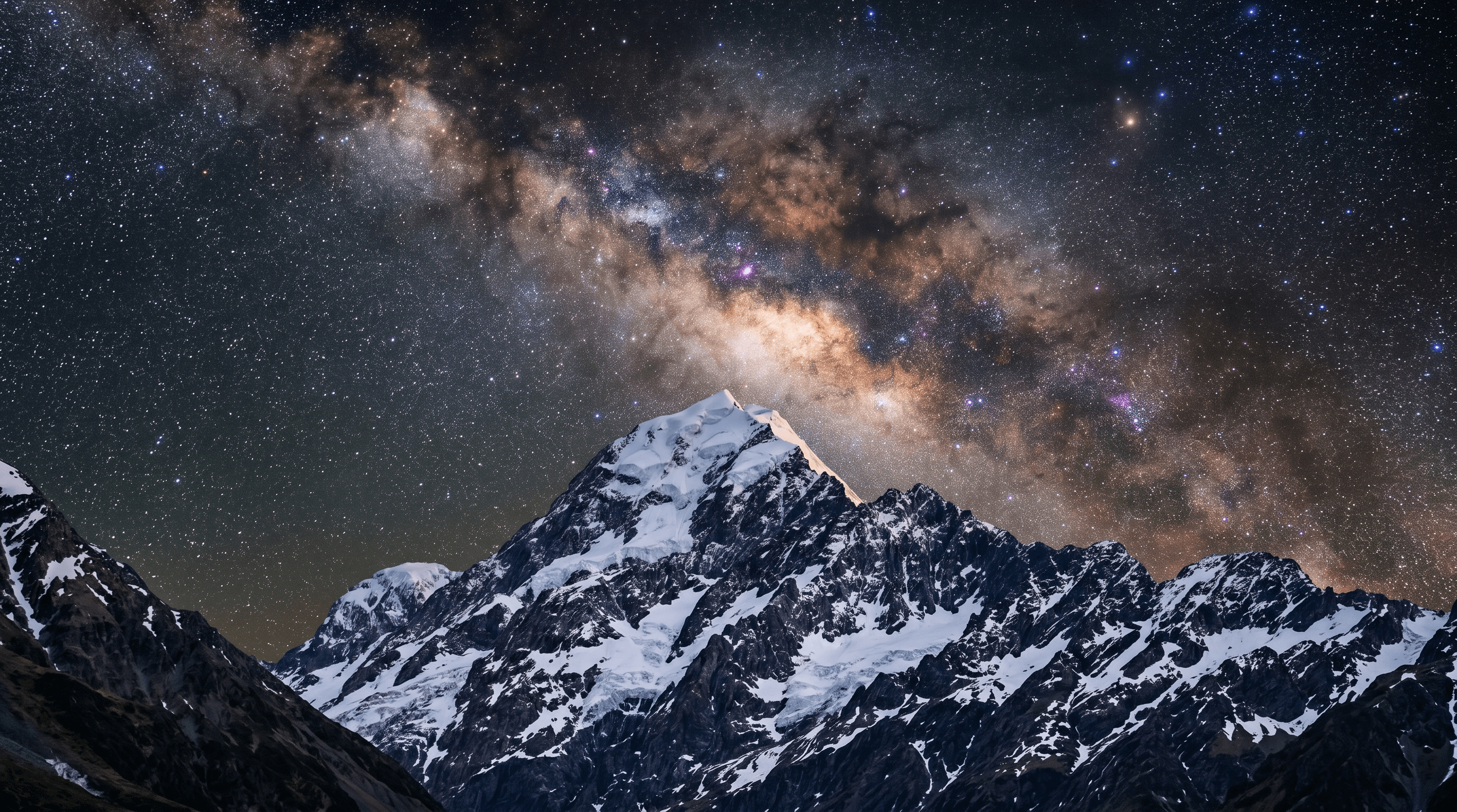 Dark sky and snow capped mountains