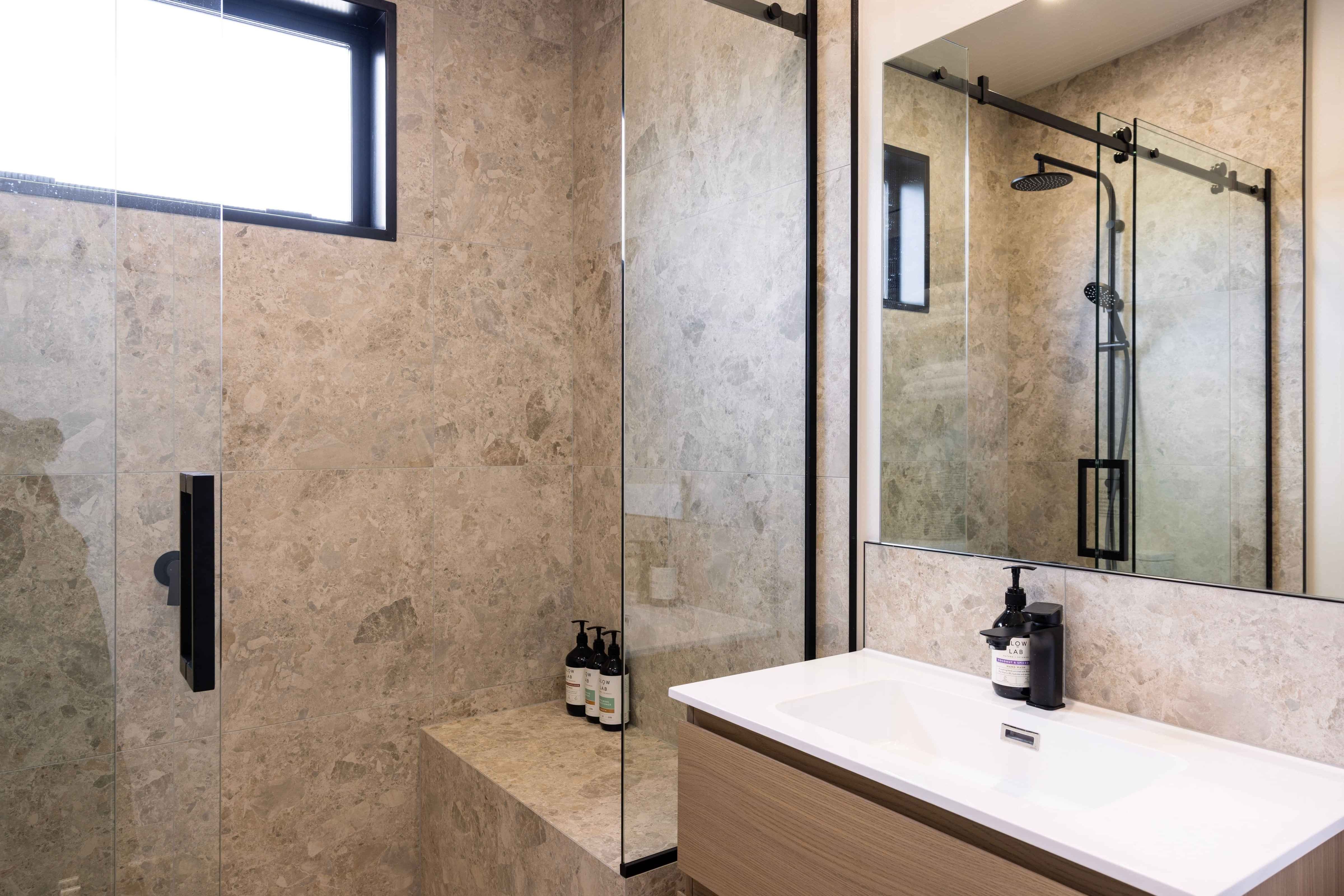 Bathroom with walk-in shower at The Alpine Villas, Lake Tekapo short-term rental