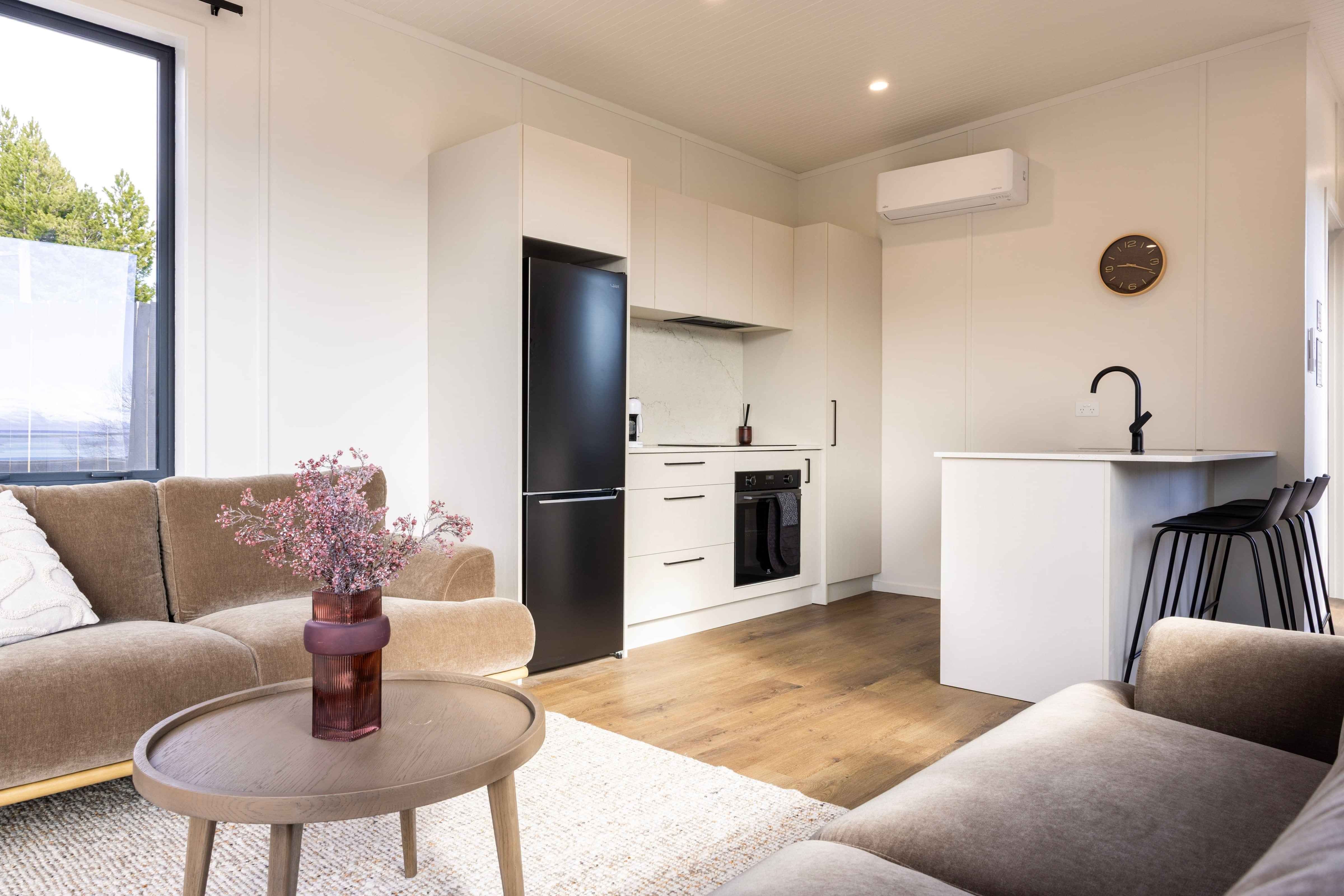 Open-plan living and kitchen at The Alpine Villas by Roam Lake Tekapo, New Zealand