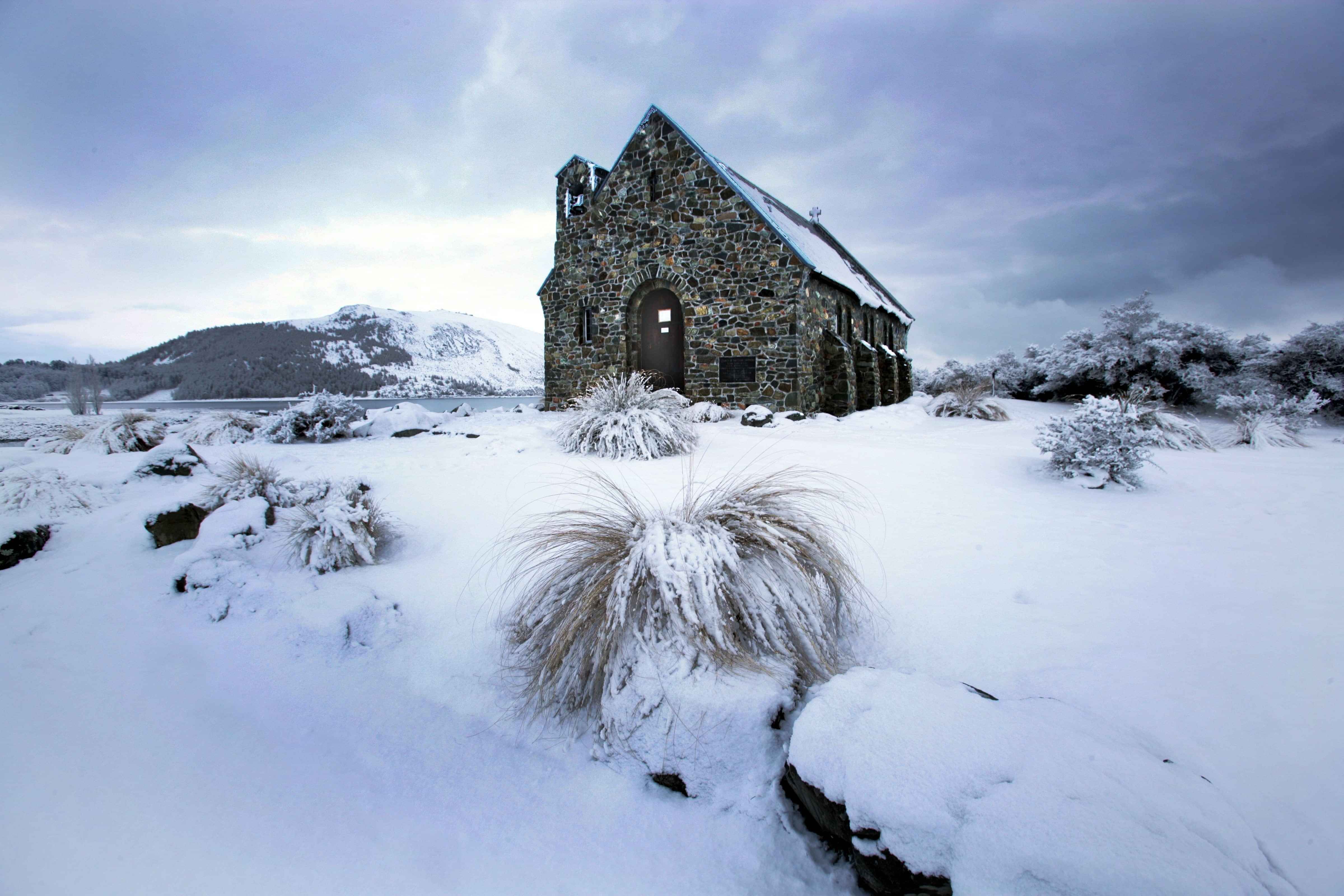 Church of the Good Shepherd in winter snow, Lake Tekapo, New Zealand