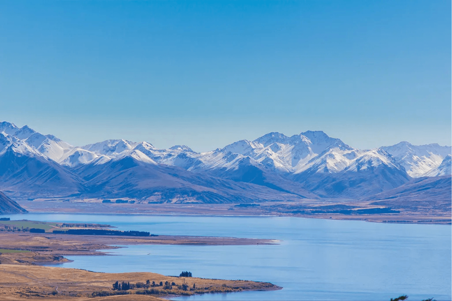 Aerial view of Lake Tekapo and the Southern Alps, Mackenzie Basin, New Zealand