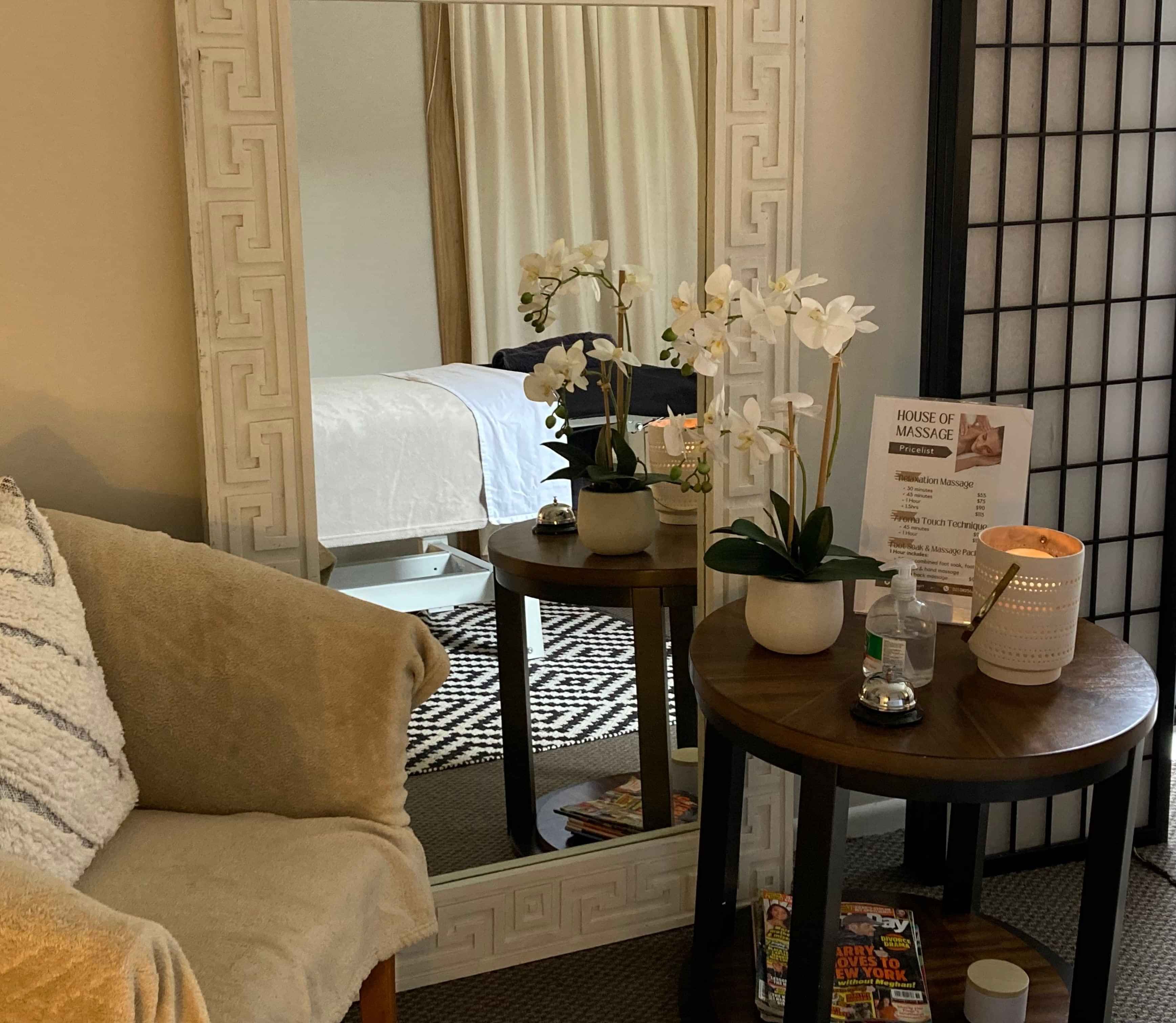 Picture of the massage room looking through the large mirror