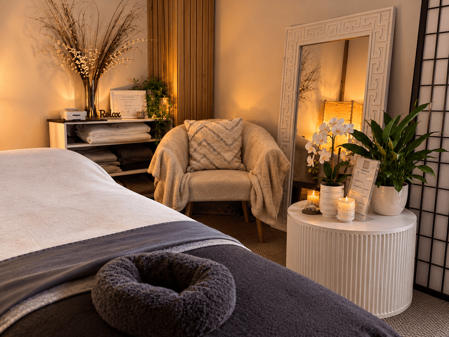 Picture of the massage room looking through the large mirror