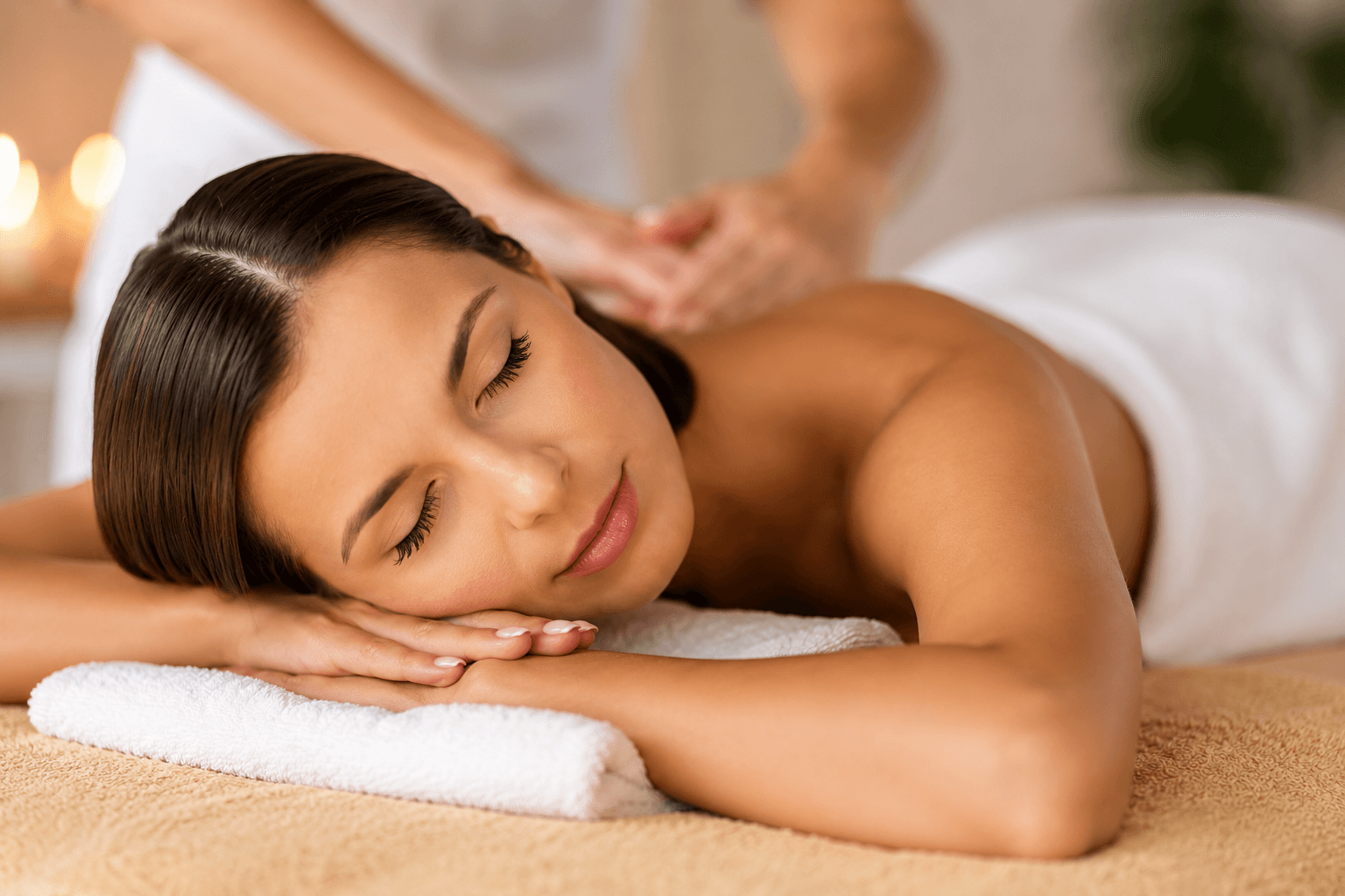 Picture of a lady lying face down with her head turned to the side looking peaceful and relaxed while receiving a arm and back massage