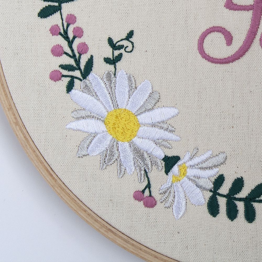 Close up of an embroidered daisy