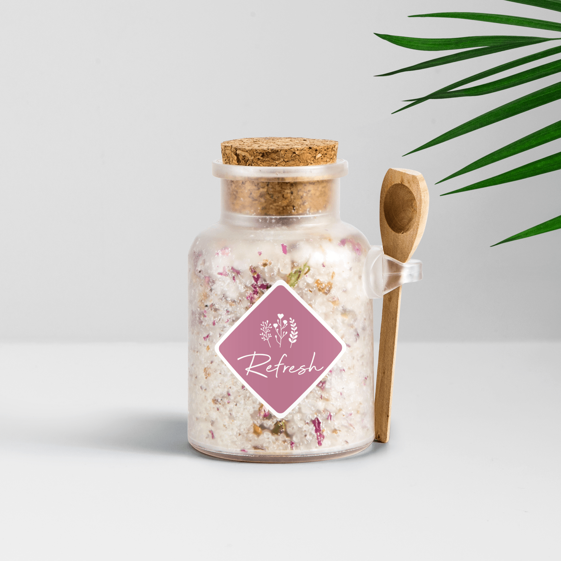 Refresh Beauty Therapy branding on a bottle of bath salts