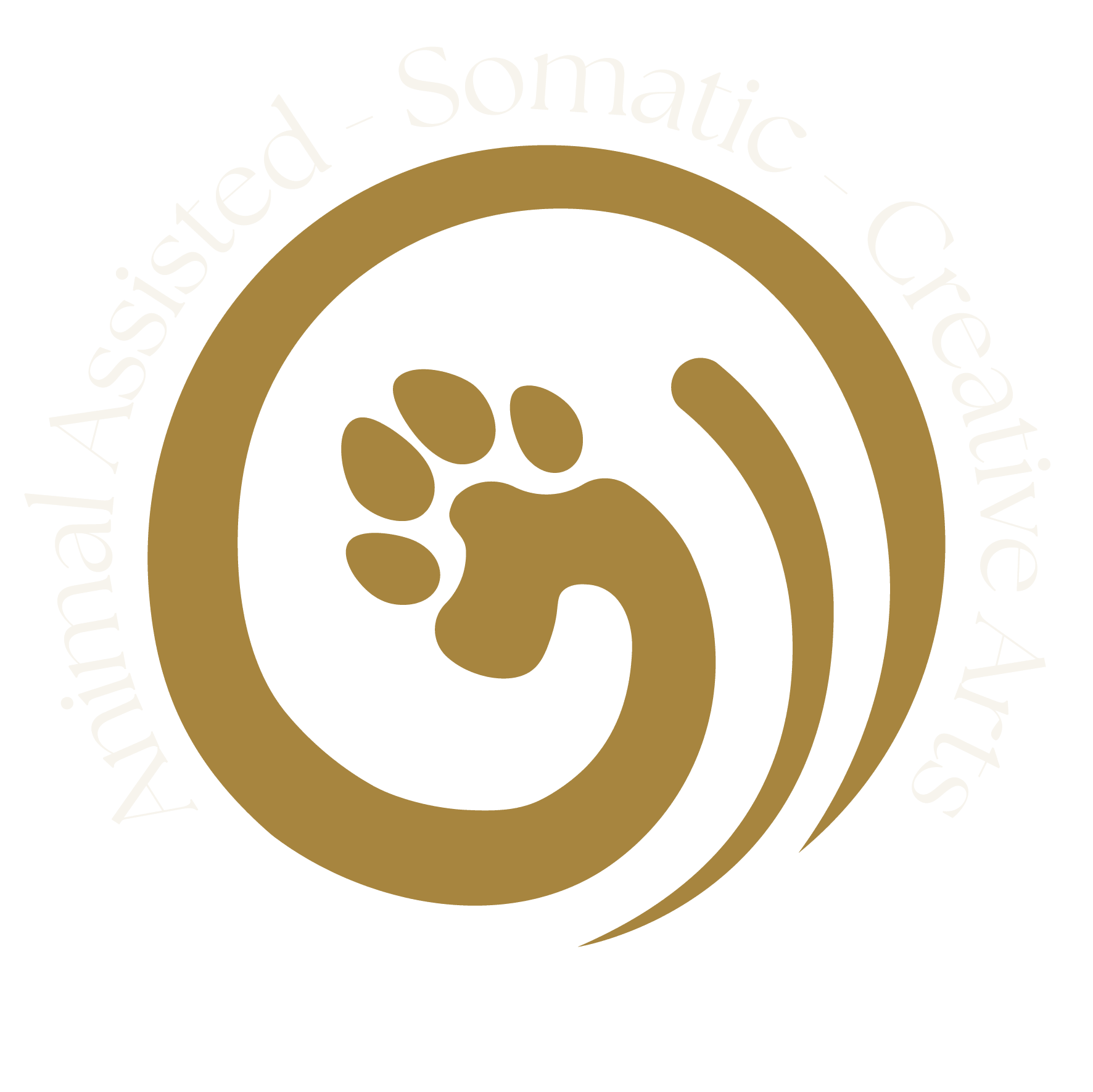 Empowering Pause gold paw brandmark surrounded by the names of therapy that Empowering pause use.
