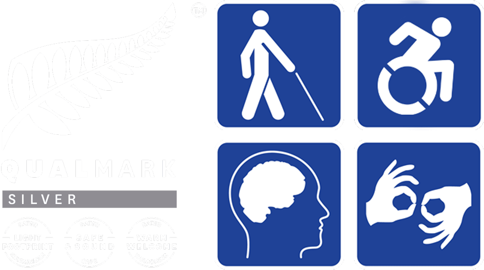 Qualmark logo and icons for accessible travel: mobility, wheelchair, cognitive, and sign language support
