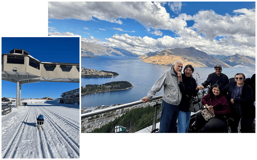 Accessible adventures in New Zealand: wheelchair skiing on snow and a family enjoying the Queenstown luge lookout